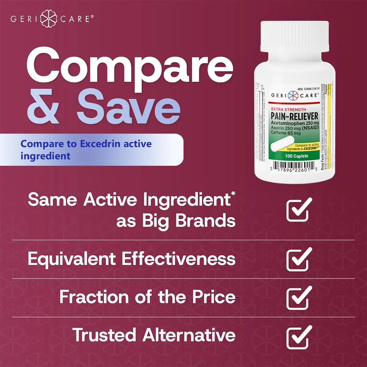 GeriCare Pain Reliever Extra Strength Caplets – 100 Count – Acetaminophen 250mg, Aspirin 250mg (NSAID), Caffeine 65mg – Powerful Triple-Action Formula for Headaches, Migraines & Minor Aches (2 Pack) - TrustMedUSA