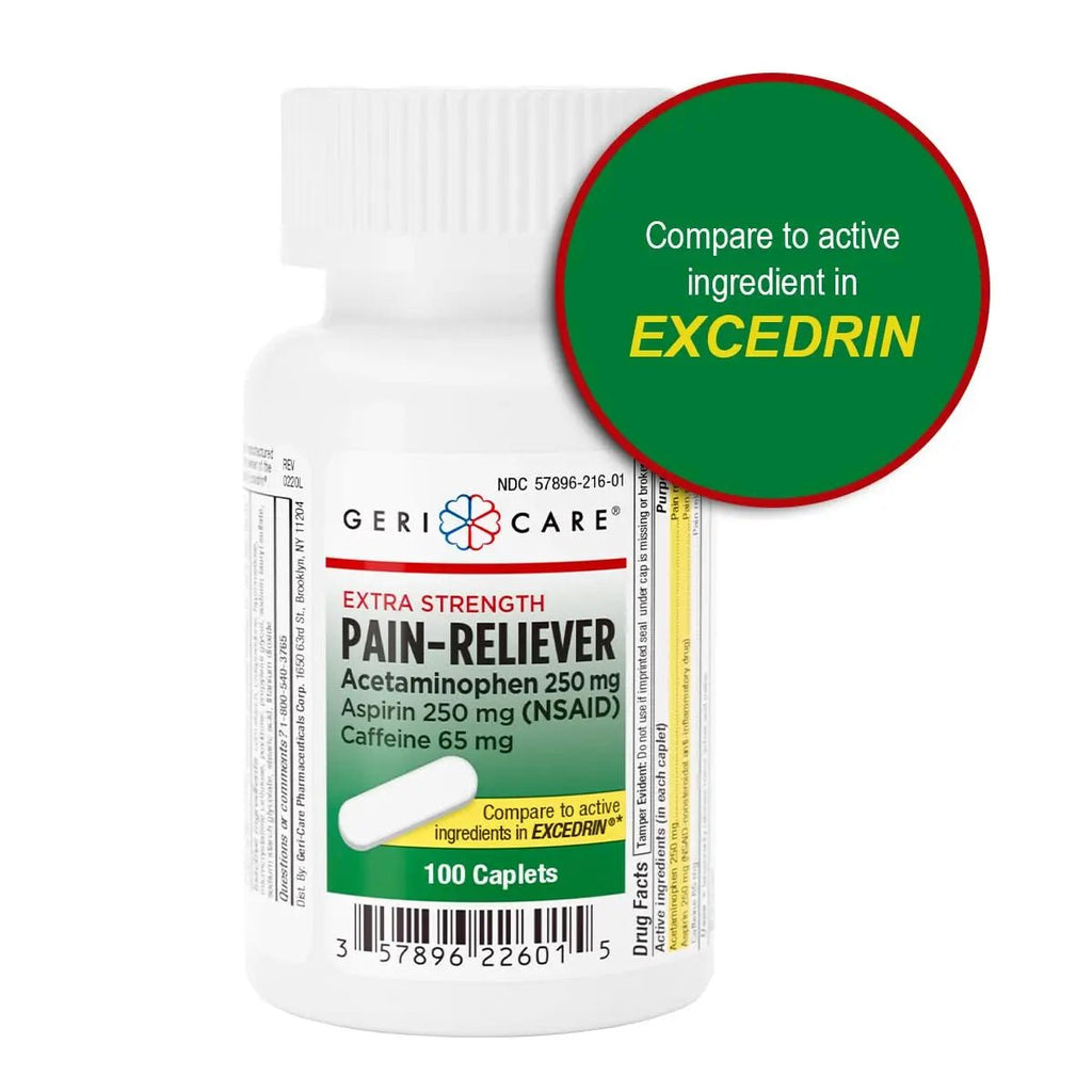 GeriCare Pain Reliever Extra Strength Caplets – 100 Count – Acetaminophen 250mg, Aspirin 250mg (NSAID), Caffeine 65mg – Powerful Triple-Action Formula for Headaches, Migraines & Minor Aches (2 Pack) - TrustMedUSA