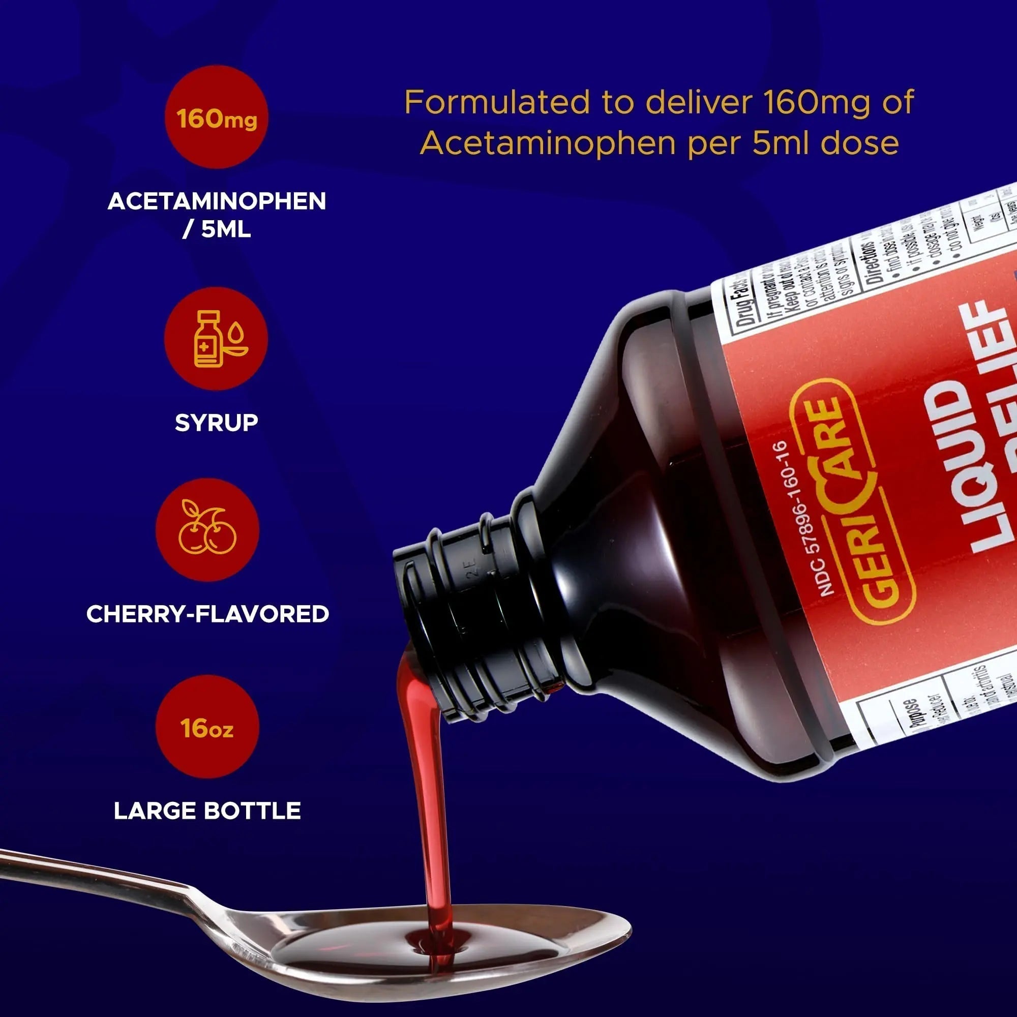 GeriCare Regular Strength Liquid Acetaminophen 160 mg, Pain Reliever, Fever Reducer, Aspirin & Alcohol Free, Cherry Flavored 16 Fl Oz (Pack of 2) - TrustMedUSA