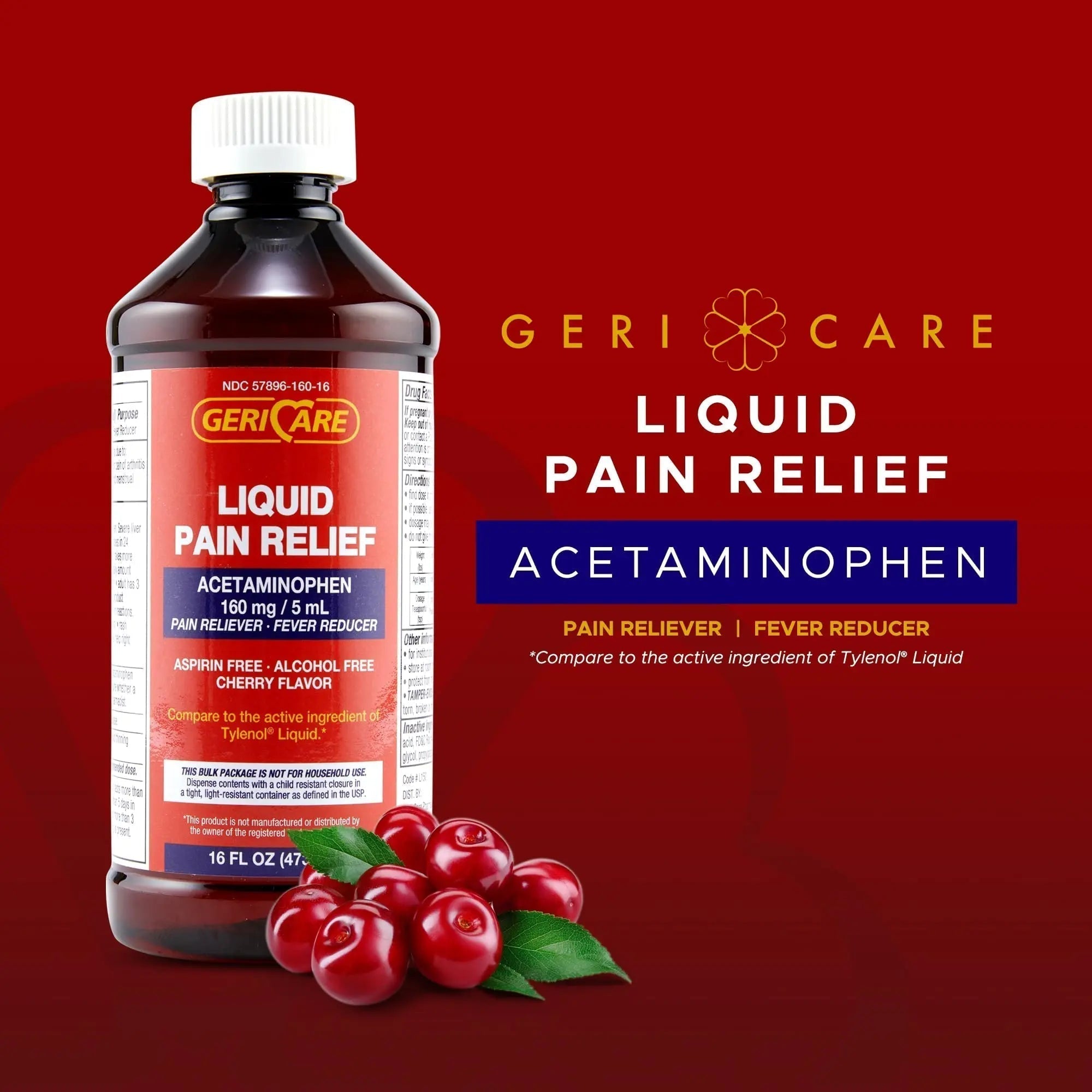 GeriCare Regular Strength Liquid Acetaminophen 160 mg, Pain Reliever, Fever Reducer, Aspirin & Alcohol Free, Cherry Flavored 16 Fl Oz (Pack of 2) - TrustMedUSA