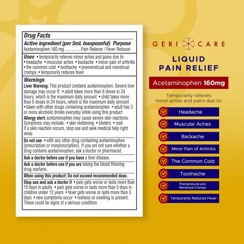 GeriCare Regular Strength Liquid Acetaminophen 160 mg, Pain Reliever, Fever Reducer, Aspirin & Alcohol Free, Cherry Flavored 16 Fl Oz (Pack of 2) - TrustMedUSA