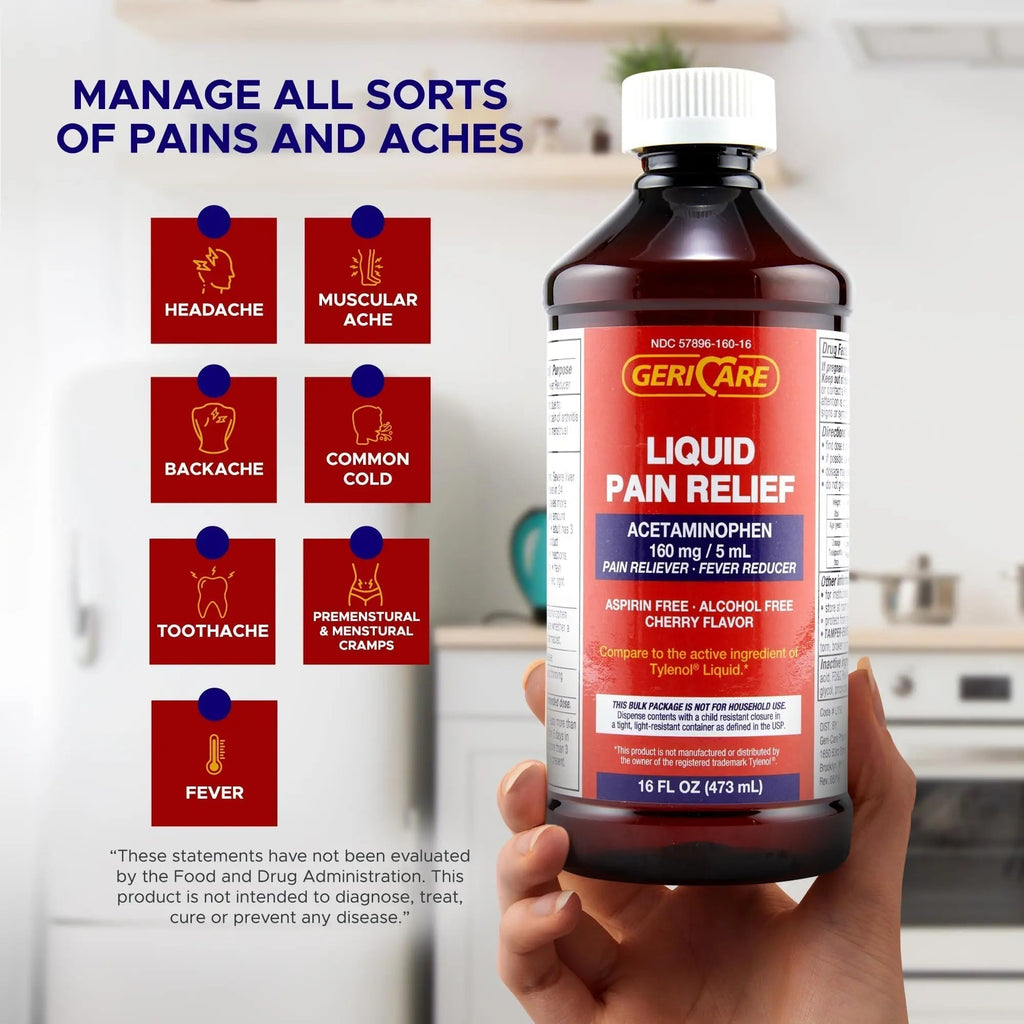 GeriCare Regular Strength Liquid Acetaminophen 160 mg, Pain Reliever, Fever Reducer, Aspirin & Alcohol Free, Cherry Flavored 16 Fl Oz (Pack of 2) - TrustMedUSA