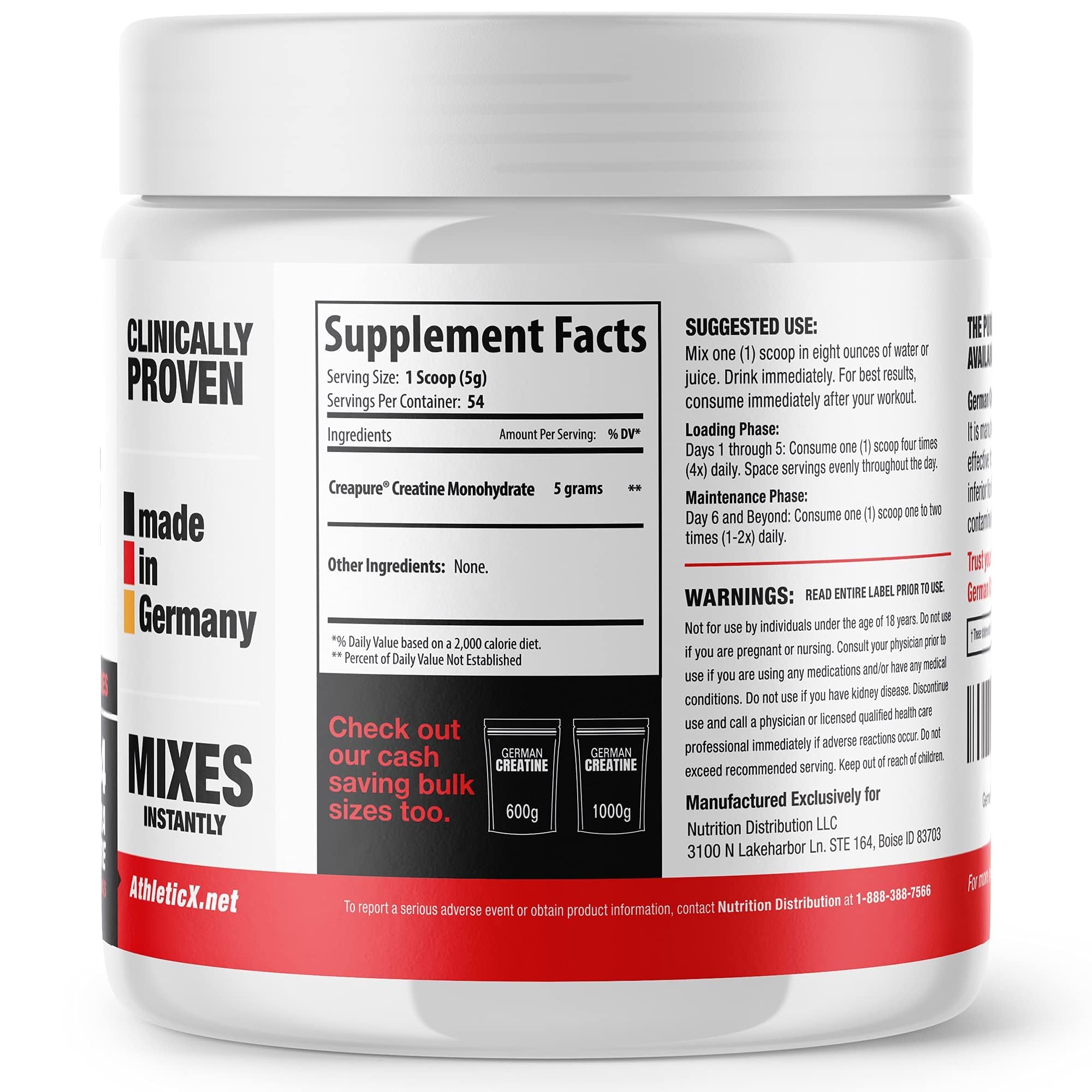 German Creatine - Micronized Creatine Monohydrate Powder, 99.99% Pure Creapure for Muscle Growth, Strength & Performance, Supports Muscle Recovery, 3rd Party Tested, Unflavored - 270g (54 Servings) - Maple Wellness Supplements