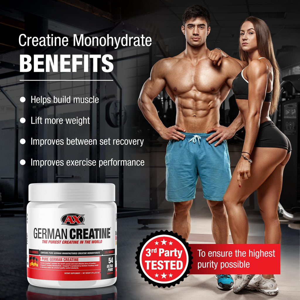 German Creatine - Micronized Creatine Monohydrate Powder, 99.99% Pure Creapure for Muscle Growth, Strength & Performance, Supports Muscle Recovery, 3rd Party Tested, Unflavored - 270g (54 Servings) - Maple Wellness Supplements
