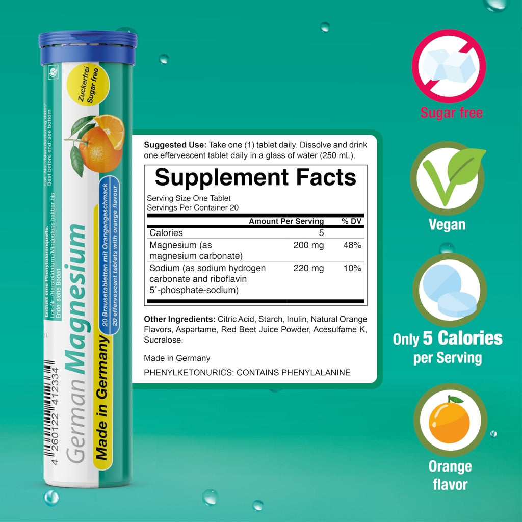German Magnesium Oxide Supplement | Effervescent Tablets | Orange Flavor – 200 mg Magnesium per Serving | Sugar Free, Vegan – T&D Pharma – Made in Germany - Maple Wellness Supplements