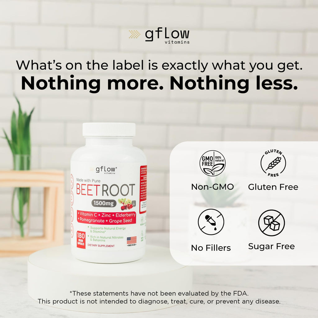 gflow vitamins Beet Root Capsules Organic - All Natural with Vitamin C and Zinc - Supports Heart Health & Stamina, Non-GMO, 180 Vegetarian Capsules | Made in USA - TrustMedUSA