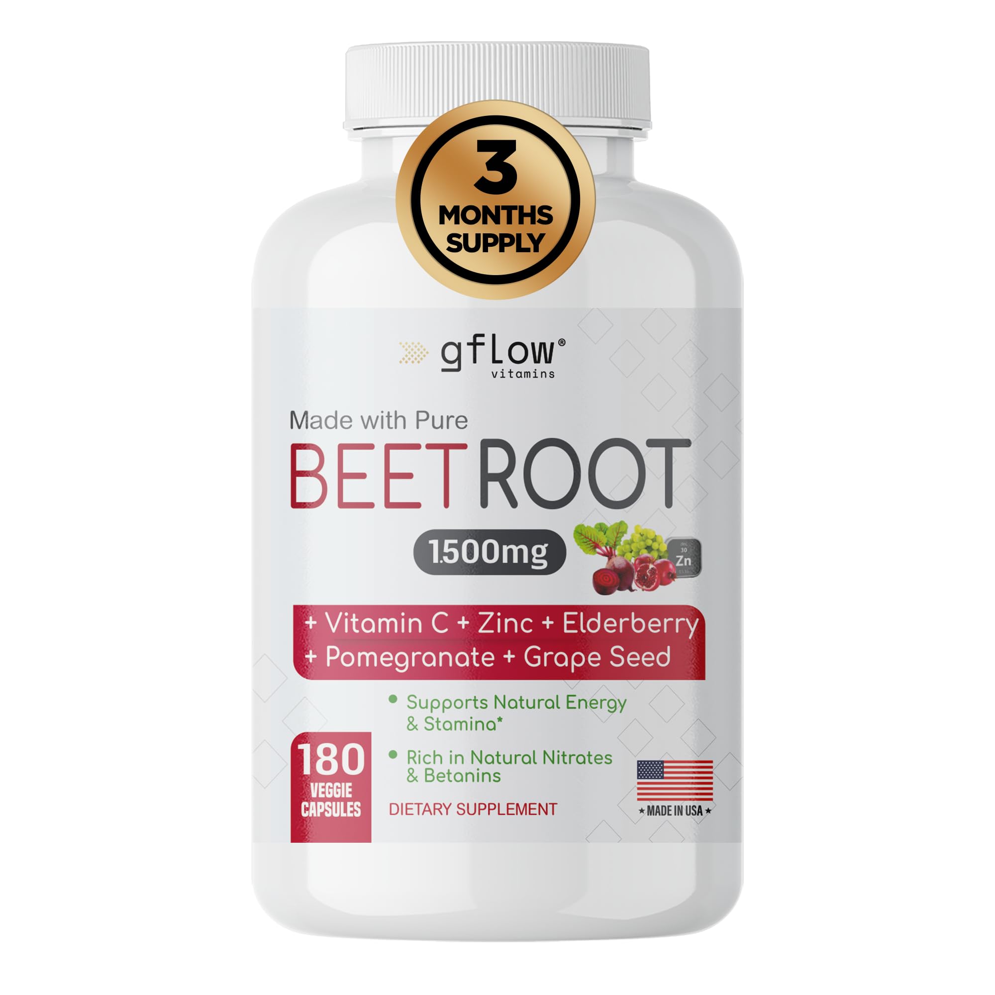 gflow vitamins Beet Root Capsules Organic - All Natural with Vitamin C and Zinc - Supports Heart Health & Stamina, Non-GMO, 180 Vegetarian Capsules | Made in USA - TrustMedUSA
