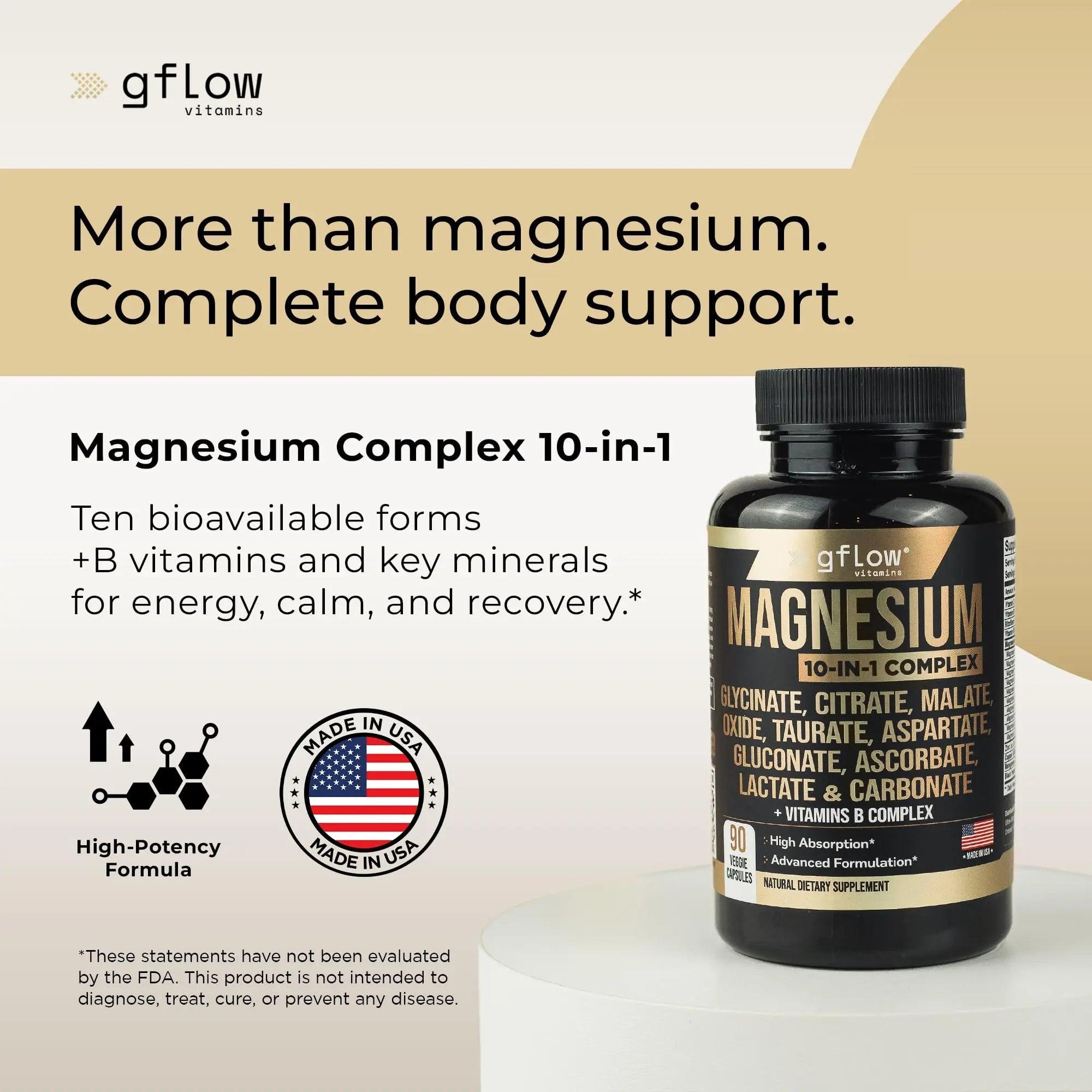 gflow vitamins Magnesium Complex Supplement - 10 Active Forms, Glycinate, Citrate, Malate, Oxide, Taurate, Aspartate, Gluconate, Ascorbate, Lactate, Carbonate, Plus More with Vitamin C B1 B2 B6 B12 - TrustMedUSA