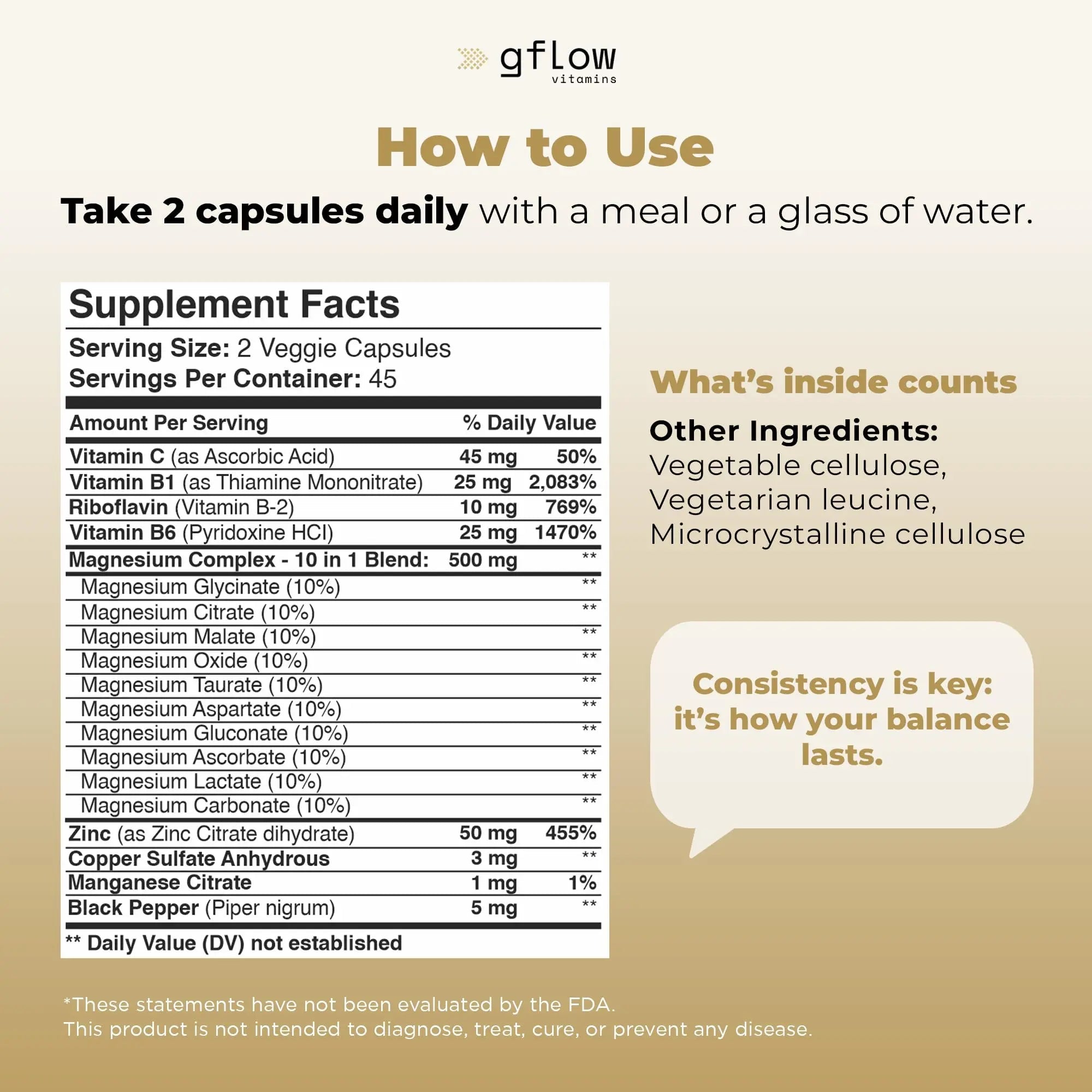 gflow vitamins Magnesium Complex Supplement - 10 Active Forms, Glycinate, Citrate, Malate, Oxide, Taurate, Aspartate, Gluconate, Ascorbate, Lactate, Carbonate, Plus More with Vitamin C B1 B2 B6 B12 - TrustMedUSA