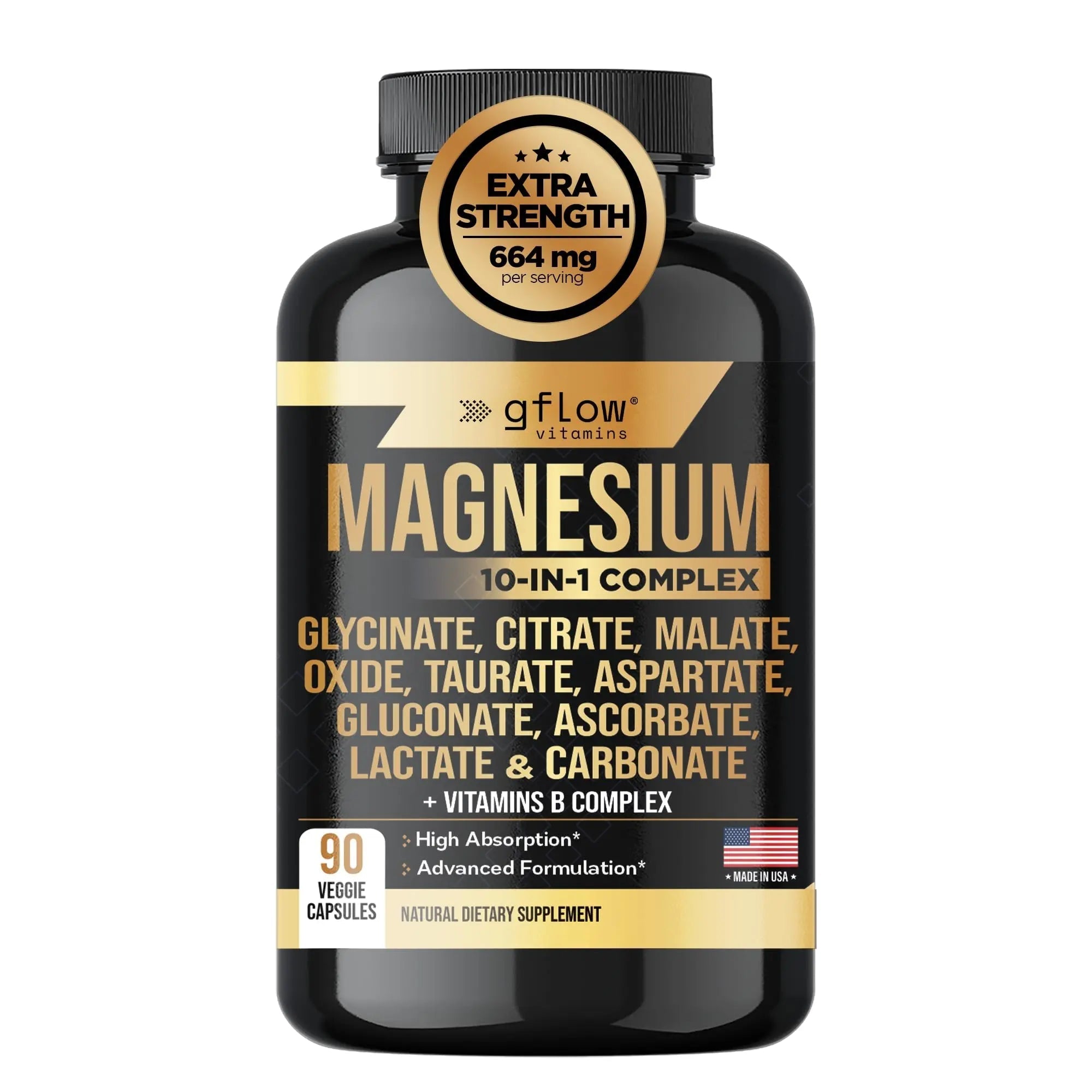 gflow vitamins Magnesium Complex Supplement - 10 Active Forms, Glycinate, Citrate, Malate, Oxide, Taurate, Aspartate, Gluconate, Ascorbate, Lactate, Carbonate, Plus More with Vitamin C B1 B2 B6 B12 - TrustMedUSA