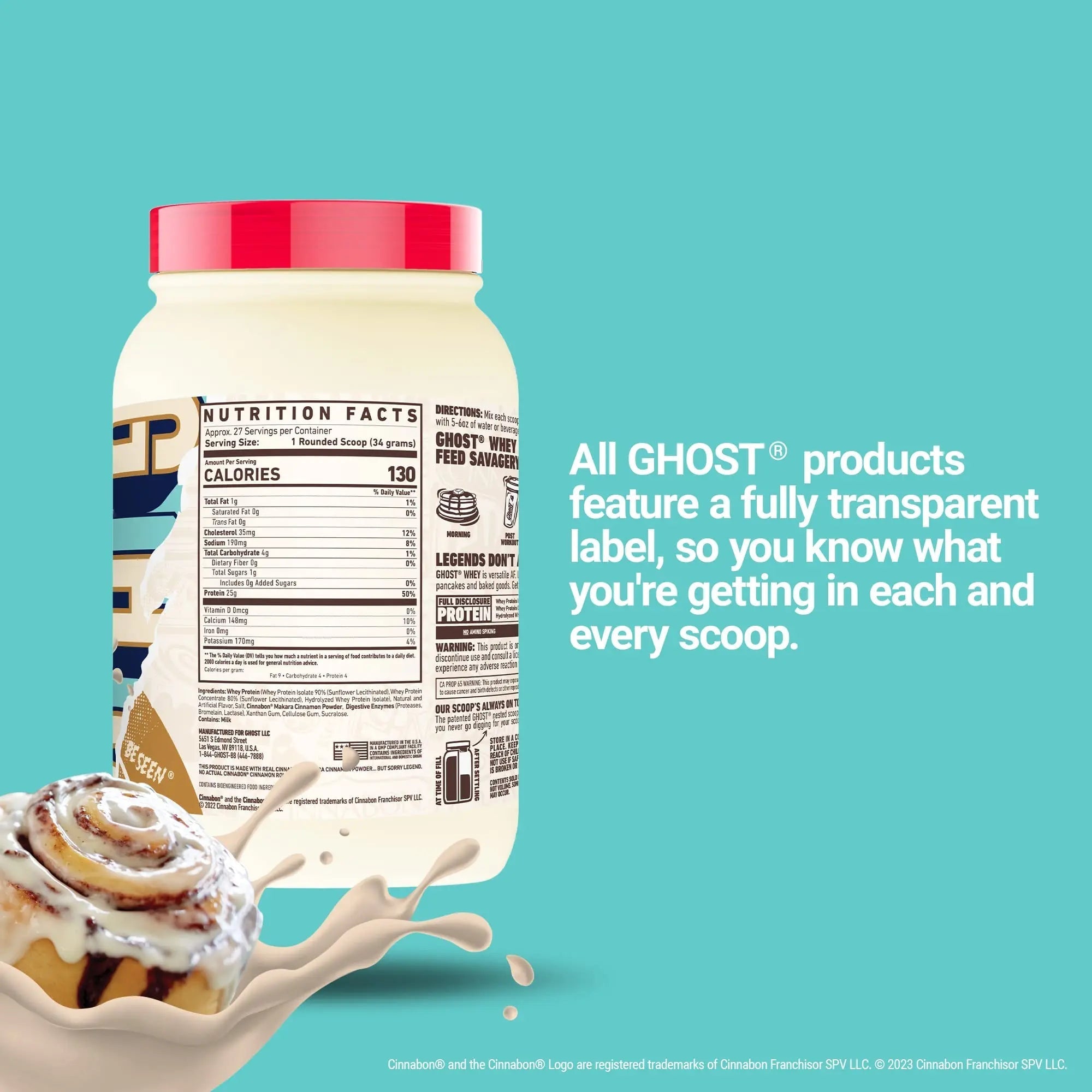 GHOST Whey Protein Powder, Cinnabon - 2LB Tub, 25G of Protein - Cinnamon Roll Flavore - TrustMedUSA