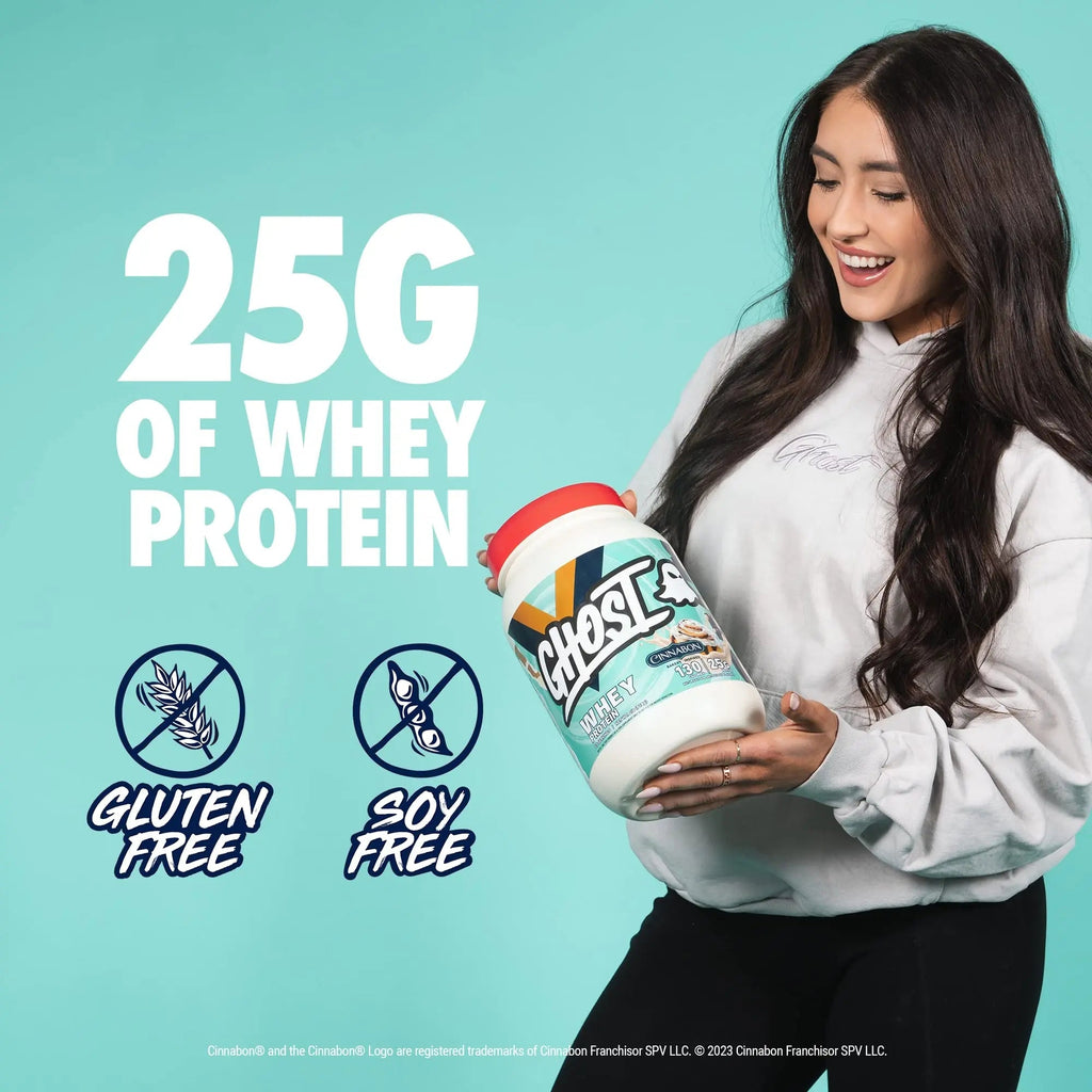 GHOST Whey Protein Powder, Cinnabon - 2LB Tub, 25G of Protein - Cinnamon Roll Flavore - TrustMedUSA