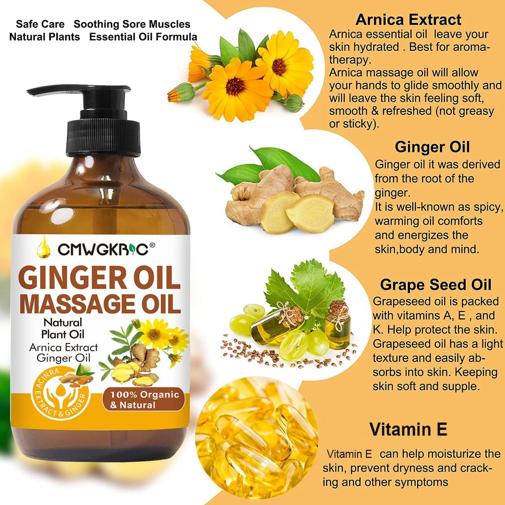Ginger Oil,Ginger Massage Oil for Lymphatic Drainage,Natural Body Oil for Skin,Arnica Oil,Sore Muslce Massage Oil,Spa Ginger Oil-Warming and Relaxing for Mothers Day Gifts for Wife,Fathers Day Gift - Maple Wellness Supplements