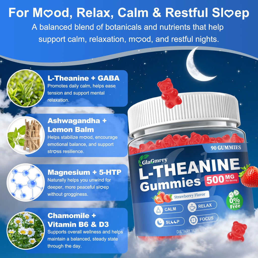 GlaGmrry 180 Count | L Theanine Gummies, L Theanine Supplement for Adults & Kids, w/Ashwagandha, Magnesium, GABA & 5-HTP, Sugar Free Liposomal Formula for Calm Relax zzZ M♡♡d & Focus, Vegan - TrustMedUSA