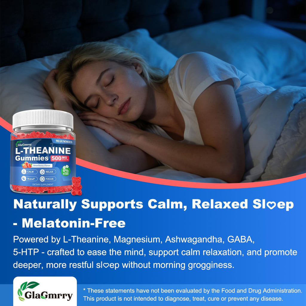 GlaGmrry 90 Count | L Theanine Gummies, L Theanine Supplement for Adults & Kids, w/Ashwagandha, Magnesium, GABA & 5-HTP, Sugar Free Liposomal Formula for Calm Relax zzZ M♡♡d & Focus, Vegan - TrustMedUSA