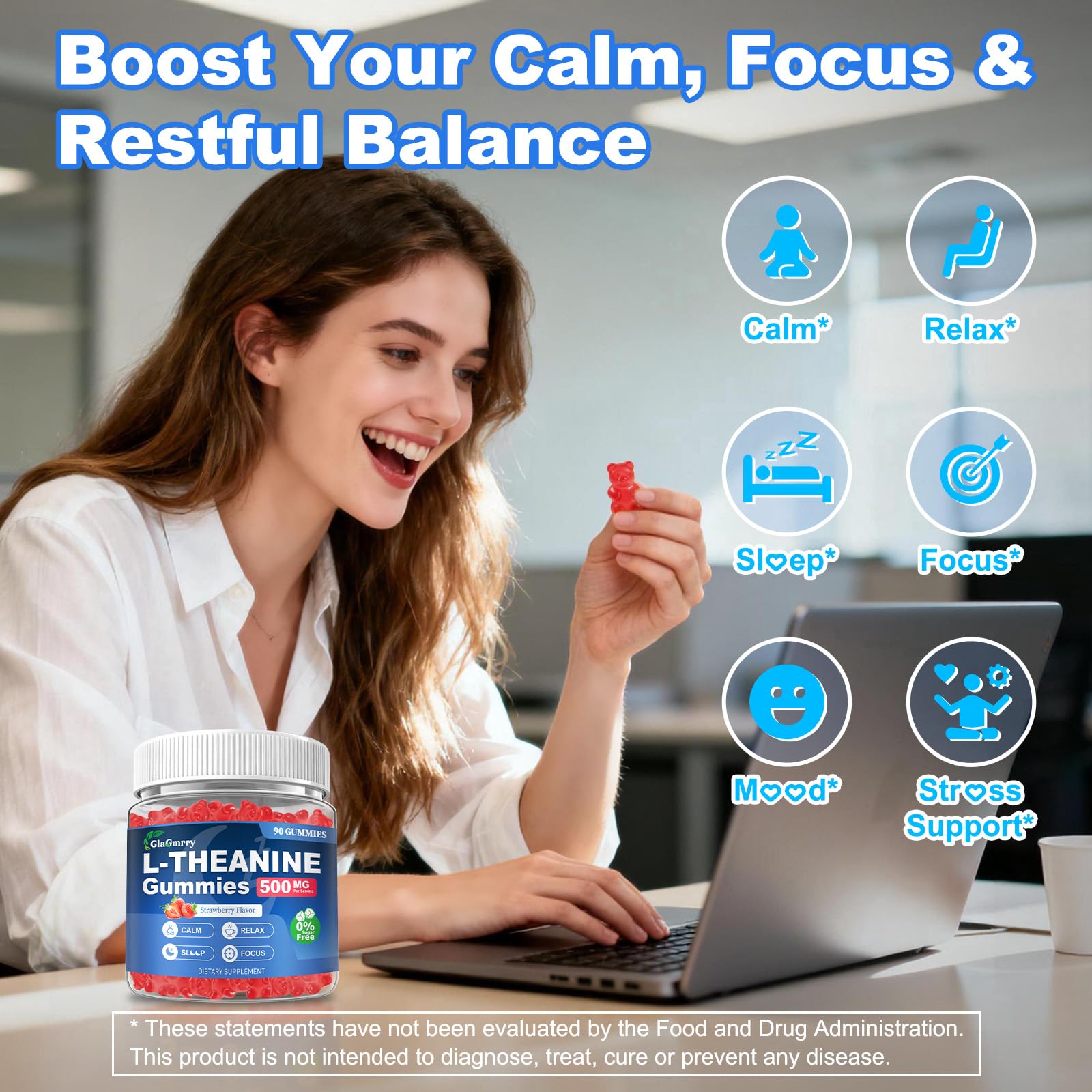 GlaGmrry 90 Count | L Theanine Gummies, L Theanine Supplement for Adults & Kids, w/Ashwagandha, Magnesium, GABA & 5-HTP, Sugar Free Liposomal Formula for Calm Relax zzZ M♡♡d & Focus, Vegan - TrustMedUSA
