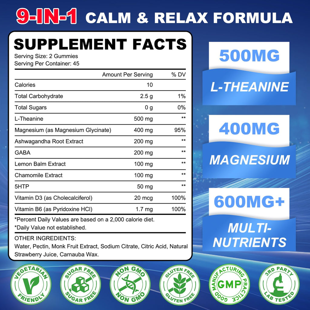 GlaGmrry 90 Count | L Theanine Gummies, L Theanine Supplement for Adults & Kids, w/Ashwagandha, Magnesium, GABA & 5-HTP, Sugar Free Liposomal Formula for Calm Relax zzZ M♡♡d & Focus, Vegan - TrustMedUSA