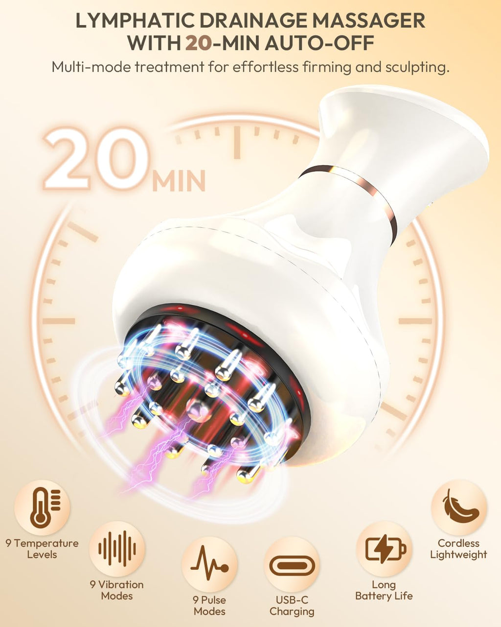 Glamesty Lymphatic Drainage Massager & Anti Cellulite Massage Tool, Body Sculpting Machine with Light, Soothing Pulse, Heat & Vibration, Heated Lymph Brush for Legs, Hip, Arms, Belly (White) - Maple Wellness Supplements