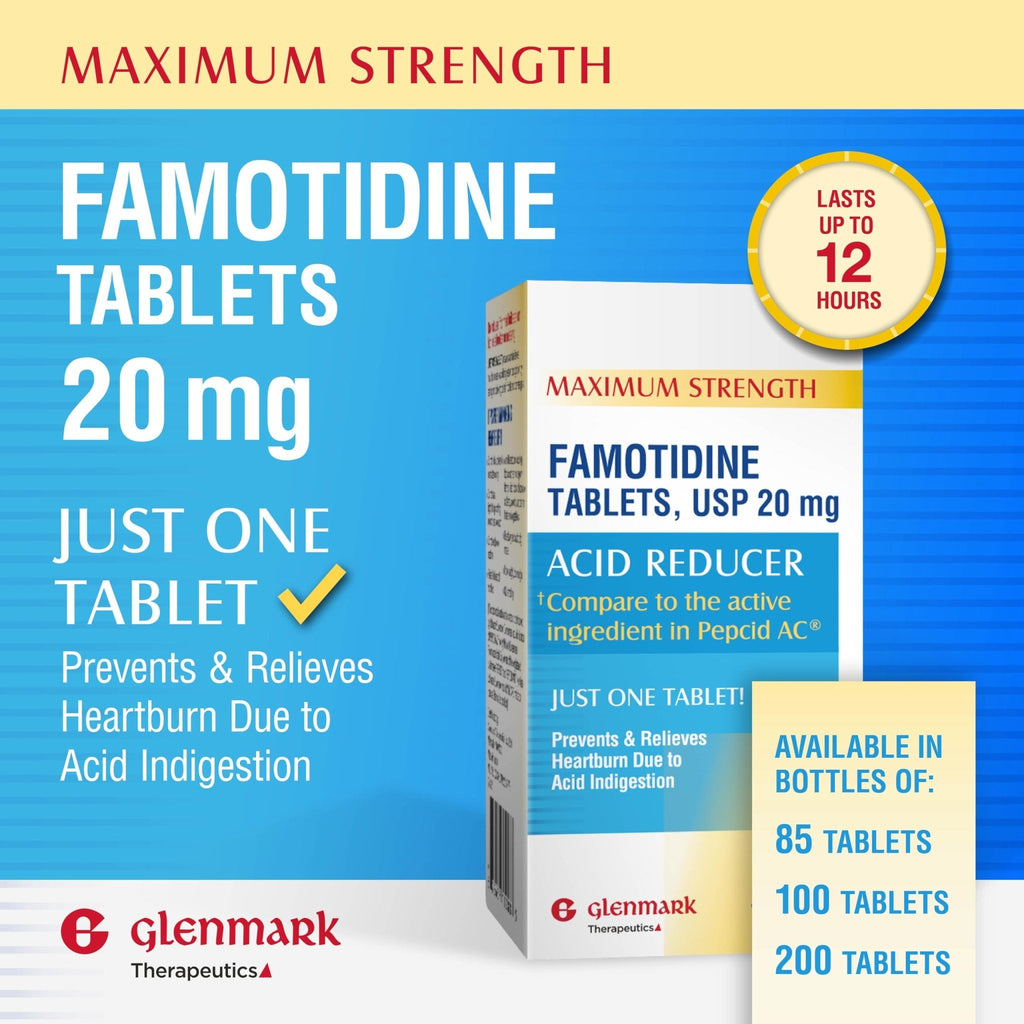 Glenmark Maximum Strength Famotidine Tablets, 20 mg, Acid Reducer for Heartburn Relief, 200 Count - Maple Wellness Supplements