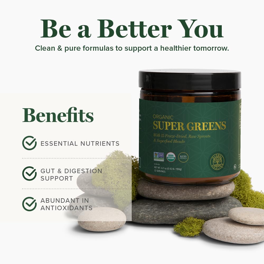 Global Healing Organic Super Greens Powder Blend - Greens Superfood Powder with 15 Raw Whole Sprouts - Delicious Green Juice Smoothie Mix for Daily Nutrition - Non-GMO, Gluten-Free Greens Supplements - TrustMedUSA