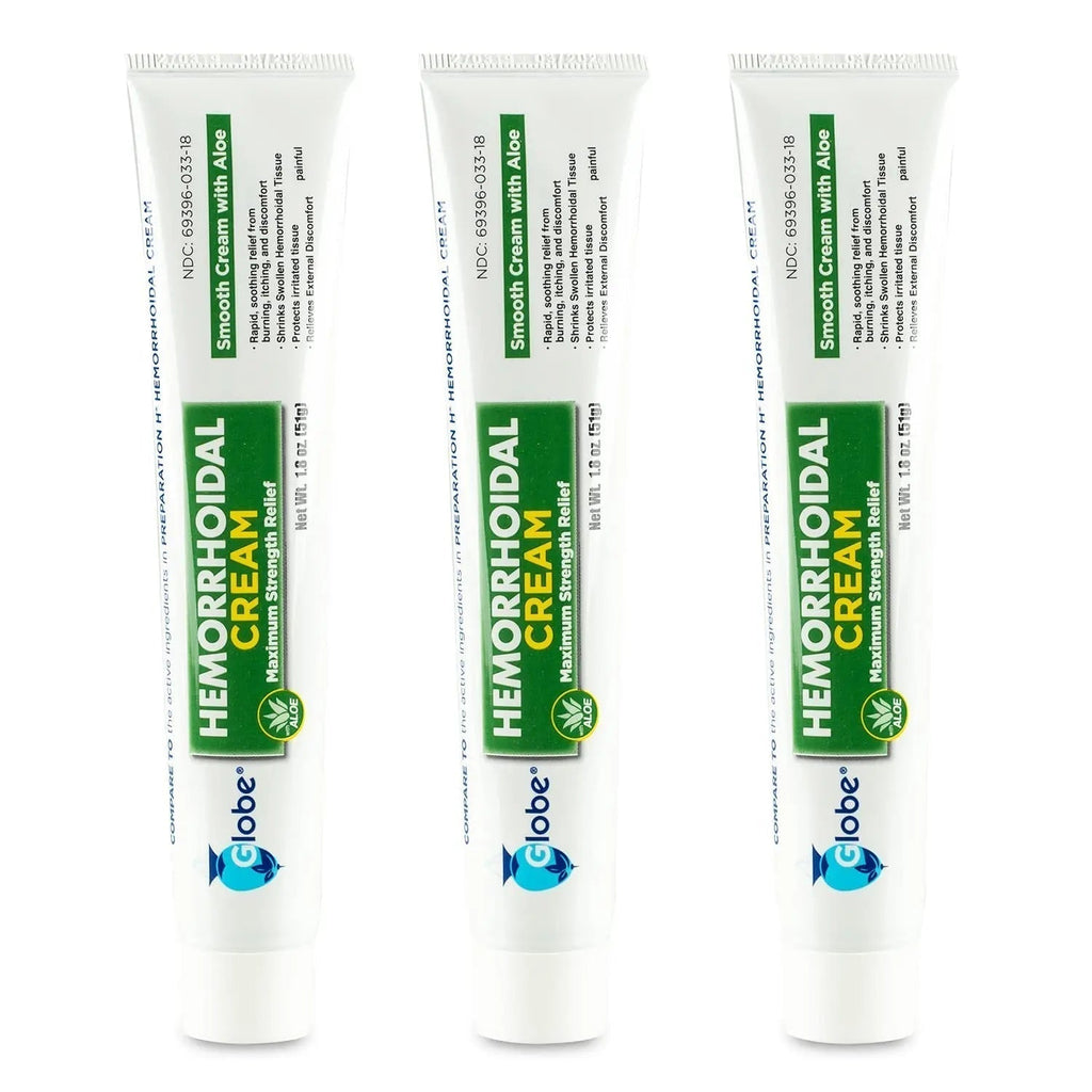 Globe (3 Pack) Hemorrhoid Cream, Relief with Aloe, (1.8 Ounce Tube) Relief from Hemorrhoids, Piles, Itching, Burning, Discomfort, & More - TrustMedUSA