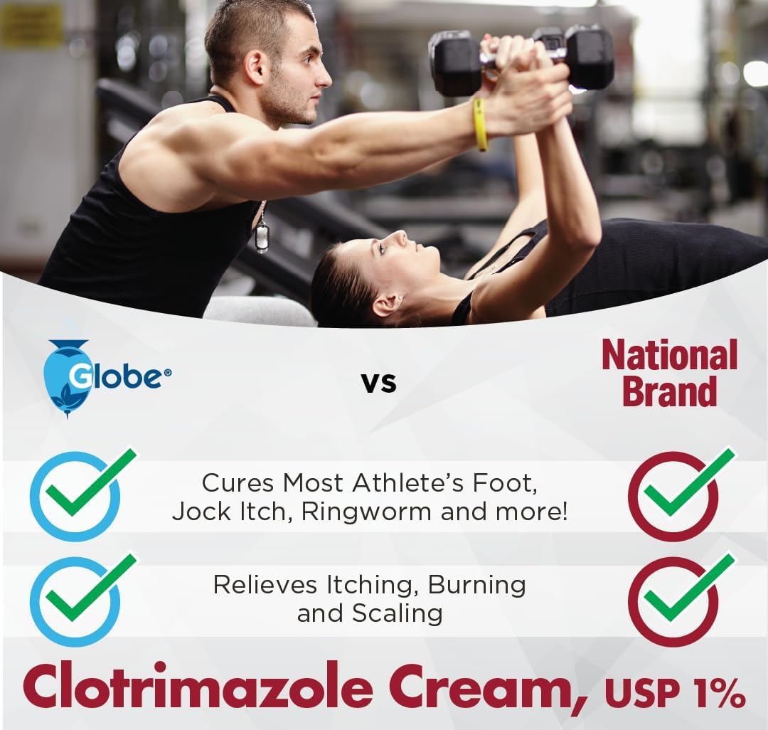Globe Clotrimazole Antifungal Cream 1% USP (1 oz), Anti Fungal Treatment, Relieves Itching, Burning, Cracking and Scaling Associated Athletes Foot, Jock Itch, Ringworm and More - Maple Wellness Supplements