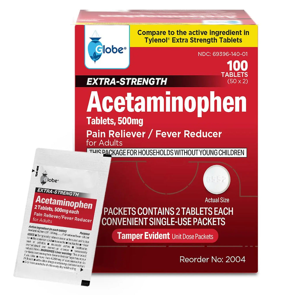 Globe Extra Strength Acetaminophen Tablets 500 mg, Pain Reliever and Fever Reducer, Gentle on Stomach, for Arthritis Pain, Backache Pain and More, 50 Packets of 2 Tablets Each, 100 Count - TrustMedUSA