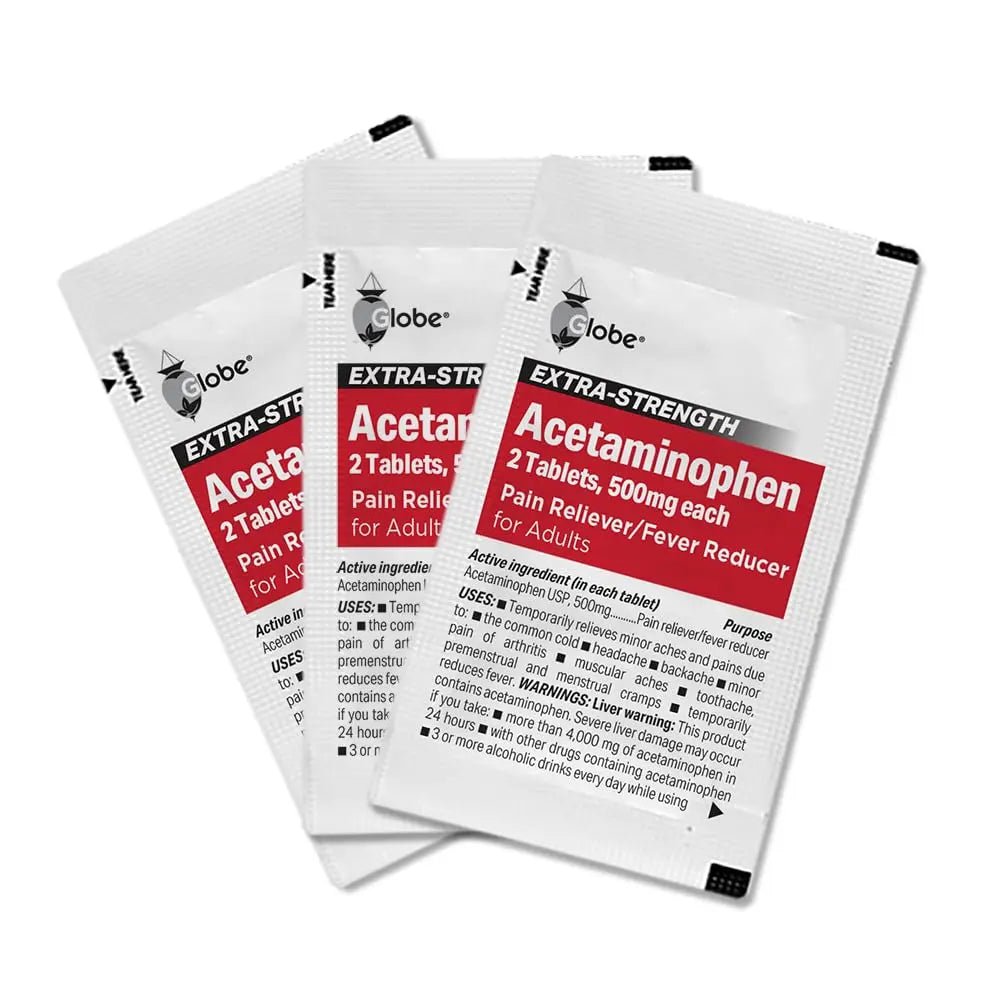 Globe Extra Strength Acetaminophen Tablets 500 mg, Pain Reliever and Fever Reducer, Gentle on Stomach, for Arthritis Pain, Backache Pain and More, 50 Packets of 2 Tablets Each, 100 Count - TrustMedUSA