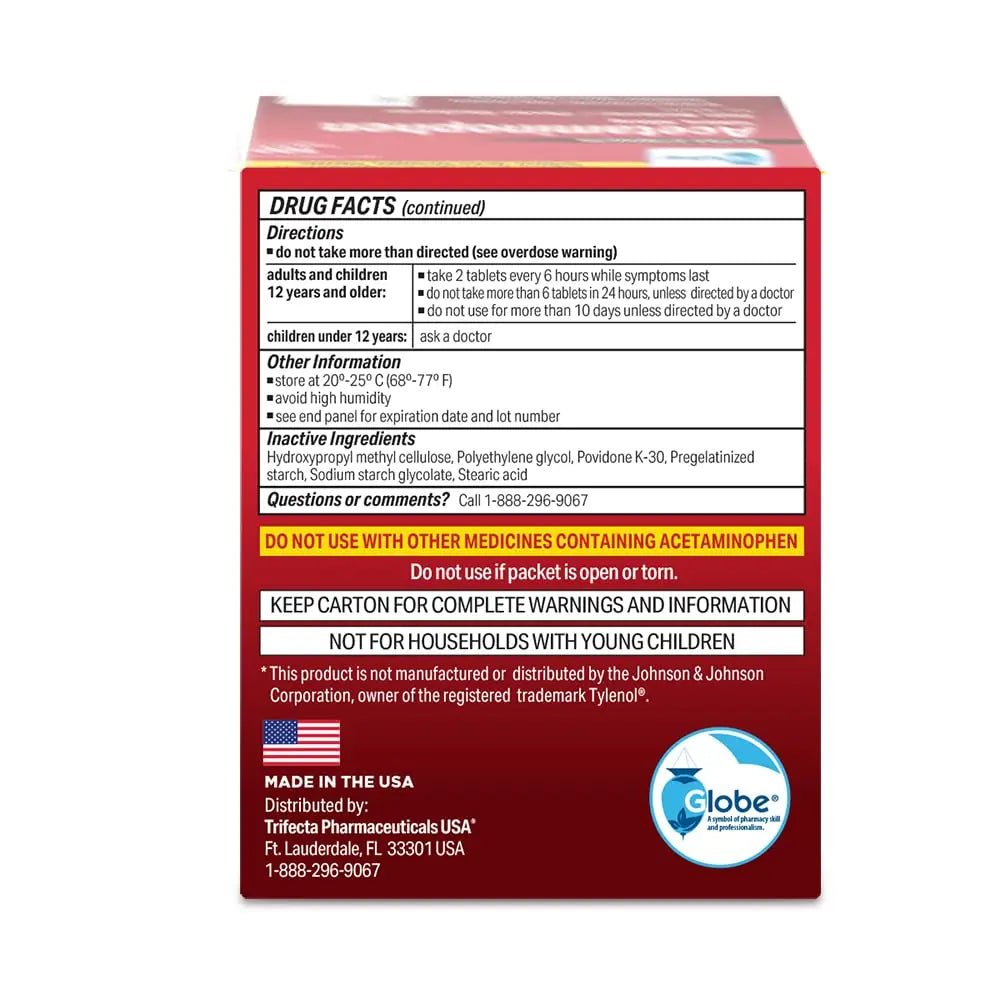 Globe Extra Strength Acetaminophen Tablets 500 mg, Pain Reliever and Fever Reducer, Gentle on Stomach, for Arthritis Pain, Backache Pain and More, 50 Packets of 2 Tablets Each, 100 Count - TrustMedUSA