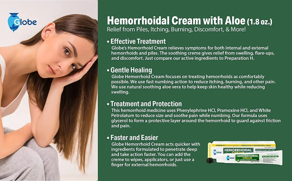 Globe Hemorrhoidal Cream, Phenylephrine HCl, Pramoxine with Aloe, Relief from Burning, Itching and Discomfort of Hemorrhoids, 1.8 Ounces - TrustMedUSA
