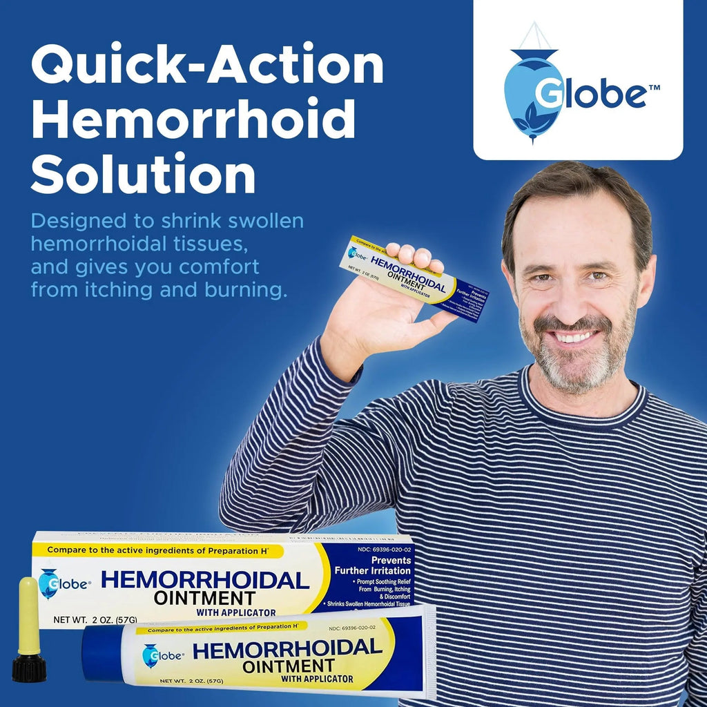 Globe Hemorrhoidal Ointment w/ Applicator, Phenylephrine HCl, Petrolatum Mineral Oil, Maximum Strength Formula for Burning, Discomfort & Itching, 2 oz - TrustMedUSA