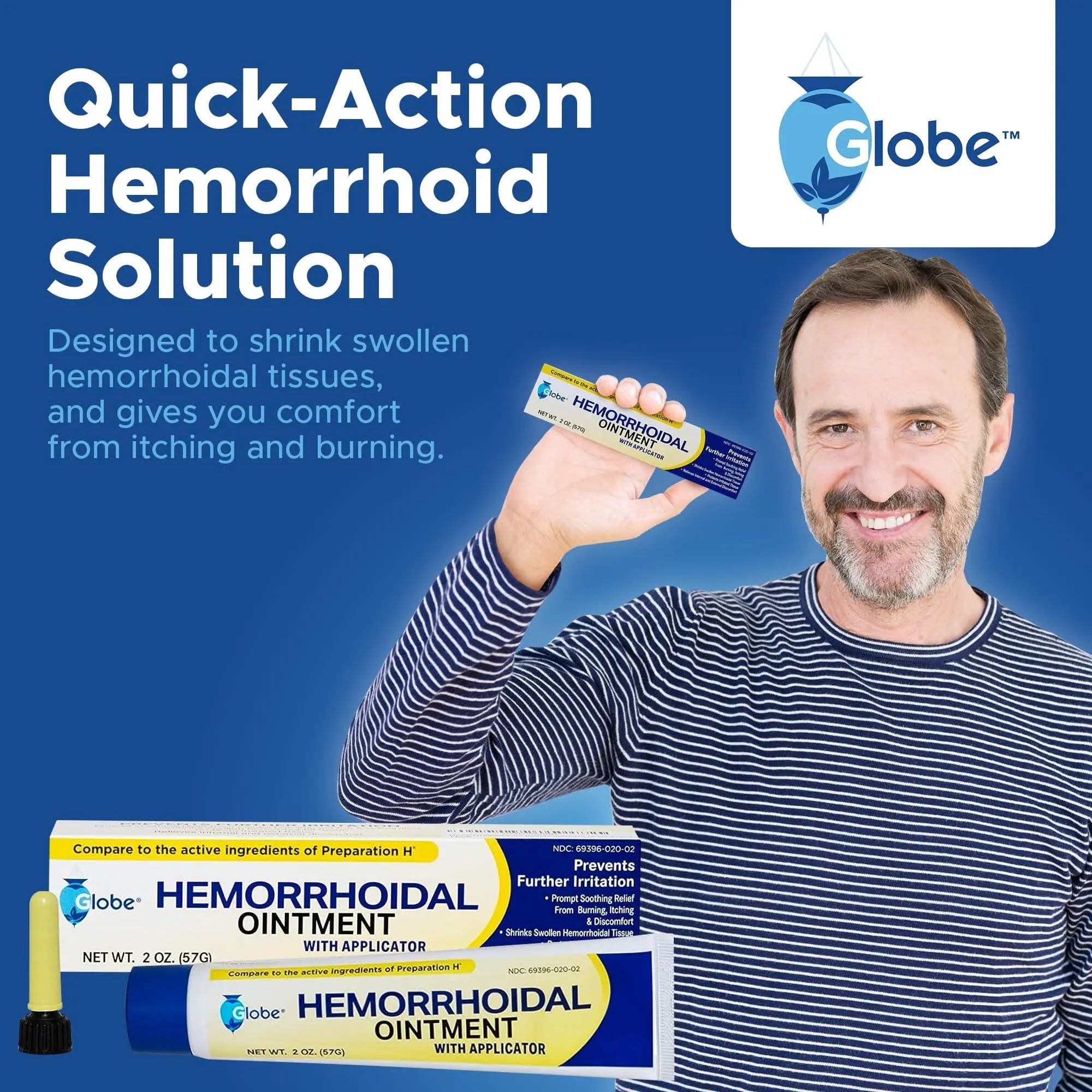 Globe Hemorrhoidal Ointment w/ Applicator, Phenylephrine HCl, Petrolatum Mineral Oil, Maximum Strength Formula for Burning, Discomfort & Itching, 2 oz - TrustMedUSA