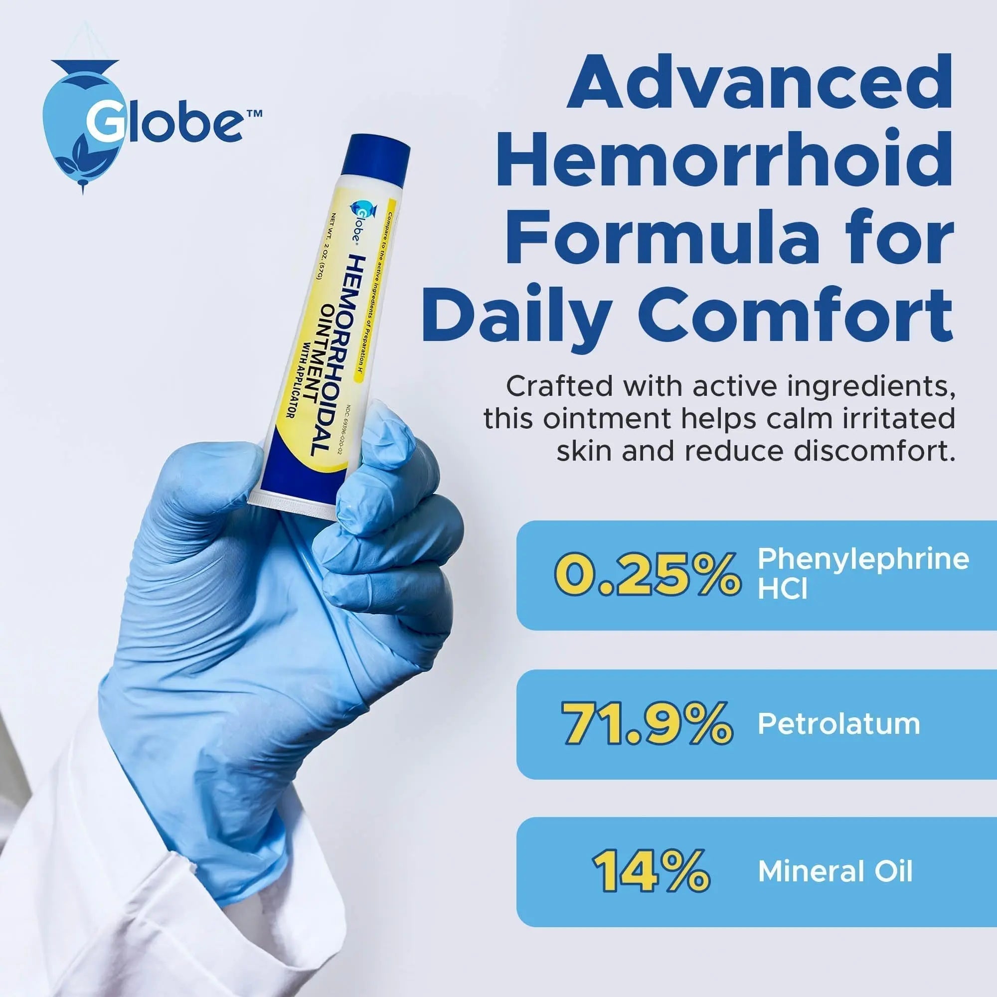 Globe Hemorrhoidal Ointment w/ Applicator, Phenylephrine HCl, Petrolatum Mineral Oil, Maximum Strength Formula for Burning, Discomfort & Itching, 2 oz - TrustMedUSA
