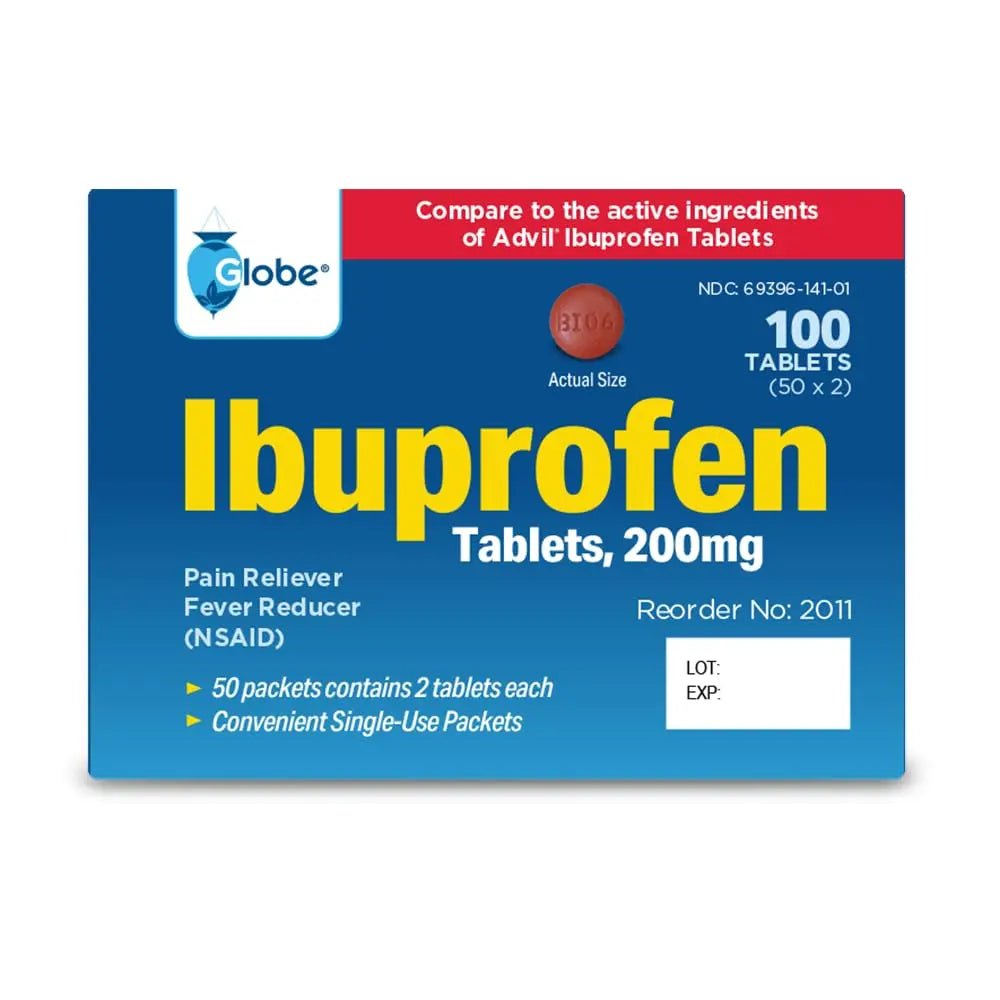 Globe Ibuprofen Tablets, 200 mg, Pain Reliever and Fever Reducer, for Headache, Muscular Aches, Arthritis, Backache and More 50 Packets of 2 Tablets Each,100 Tablets - TrustMedUSA