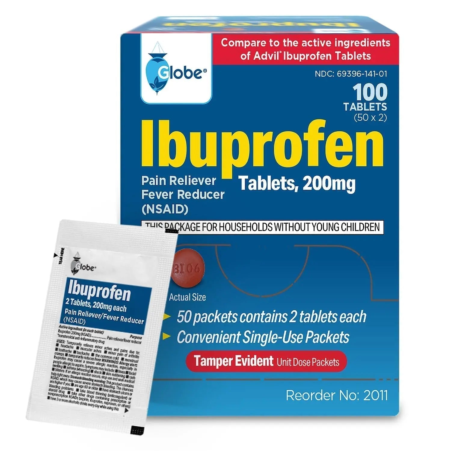 Globe Ibuprofen Tablets, 200 mg, Pain Reliever and Fever Reducer, for Headache, Muscular Aches, Arthritis, Backache and More 50 Packets of 2 Tablets Each,100 Tablets - TrustMedUSA
