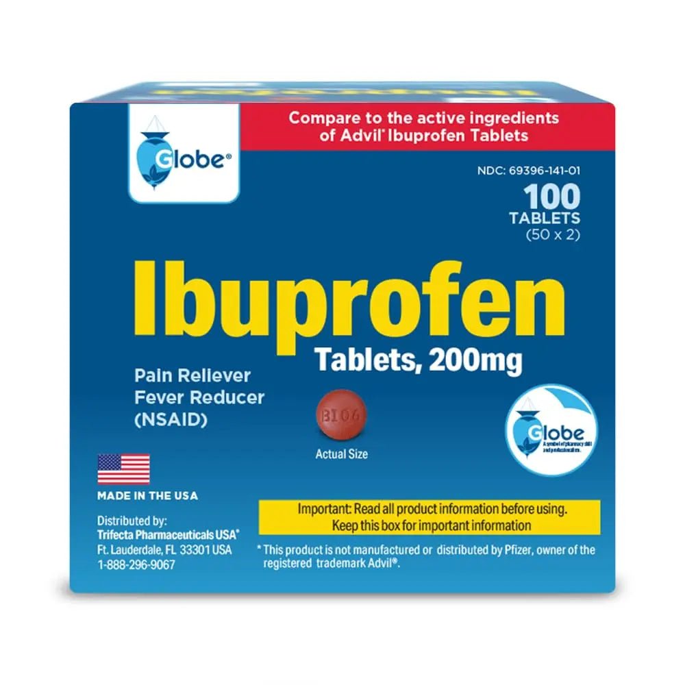 Globe Ibuprofen Tablets, 200 mg, Pain Reliever and Fever Reducer, for Headache, Muscular Aches, Arthritis, Backache and More 50 Packets of 2 Tablets Each,100 Tablets - TrustMedUSA
