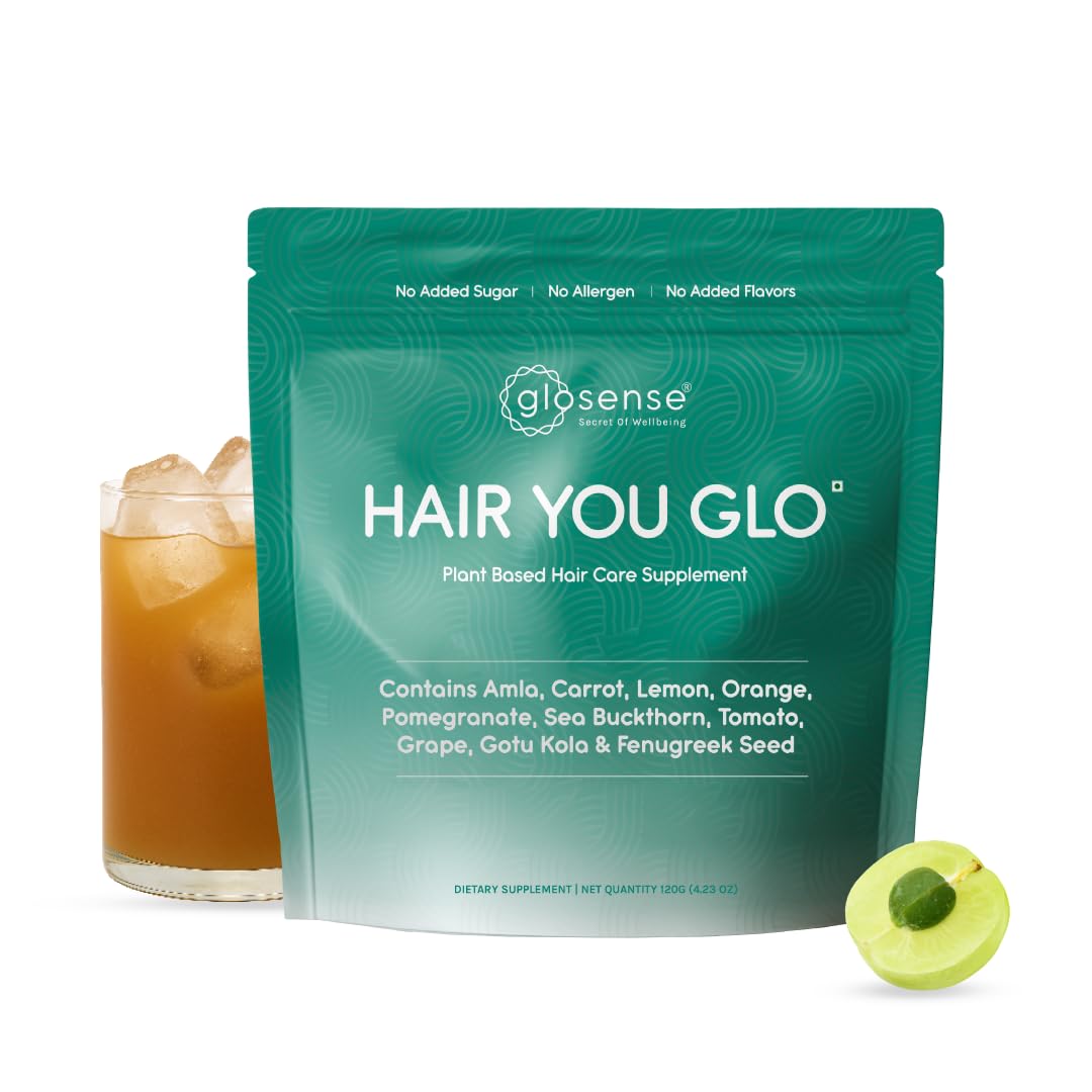 Glosense Hair You Glo – Plant-Based Biotin Supplement | Hair Growth Drink | Natural Hair Vitamins Powder with Amla, Sea Buckthorn, Gotu Kola | No Added Sugar, No Added Flavours | 30 Servings - TrustMedUSA