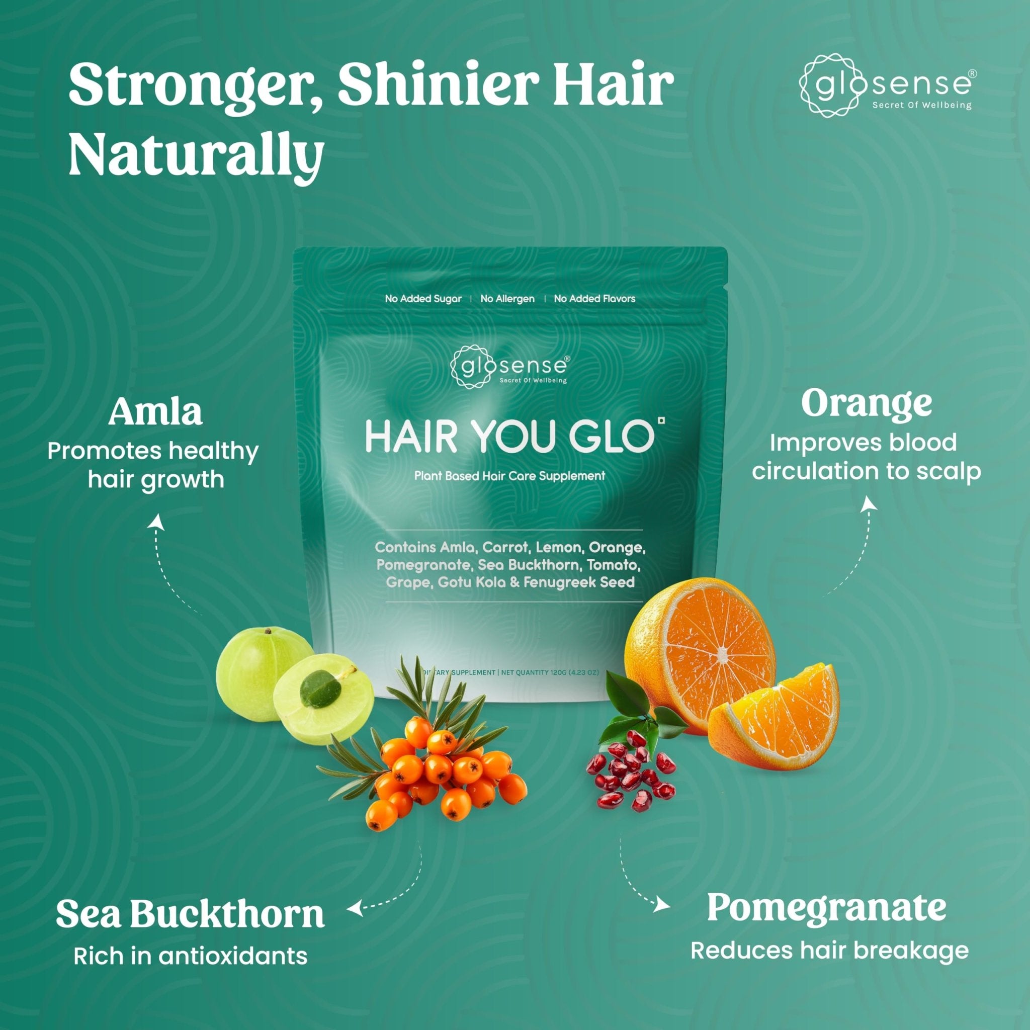 Glosense Hair You Glo – Plant-Based Biotin Supplement | Hair Growth Drink | Natural Hair Vitamins Powder with Amla, Sea Buckthorn, Gotu Kola | No Added Sugar, No Added Flavours | 30 Servings - TrustMedUSA