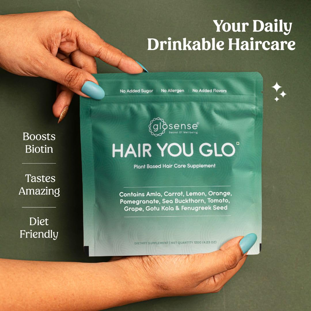 Glosense Hair You Glo – Plant-Based Biotin Supplement | Hair Growth Drink | Natural Hair Vitamins Powder with Amla, Sea Buckthorn, Gotu Kola | No Added Sugar, No Added Flavours | 30 Servings - TrustMedUSA