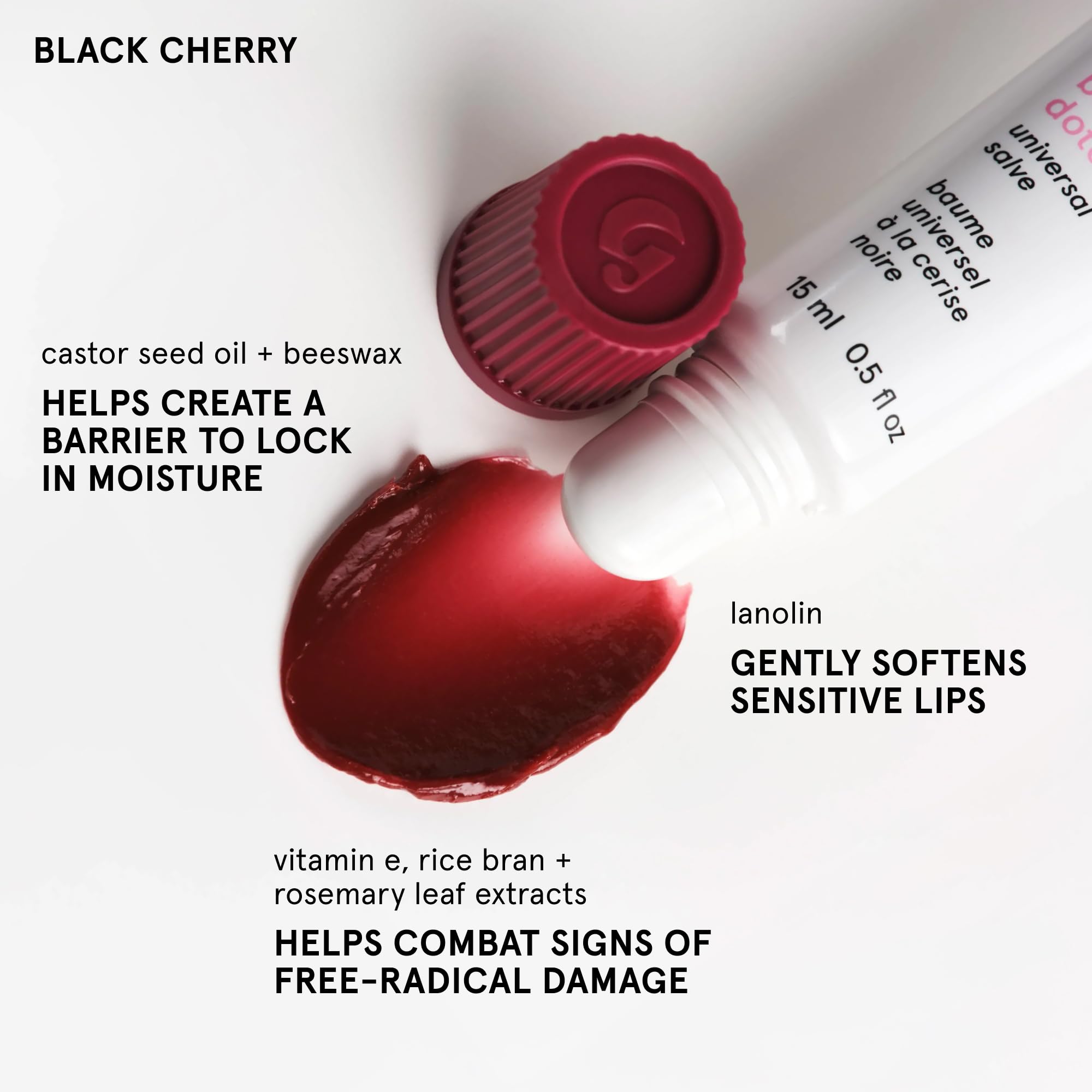Glossier Balm Dotcom Hydrating Tinted Lip Balm - Universal Salve, Up to 12Hr Moisture for Dry Lips, Cuticles & Skin - Lanolin, Beeswax & Castor Oil - Black Cherry, Burgundy Tint, 15ml - TrustMedUSA