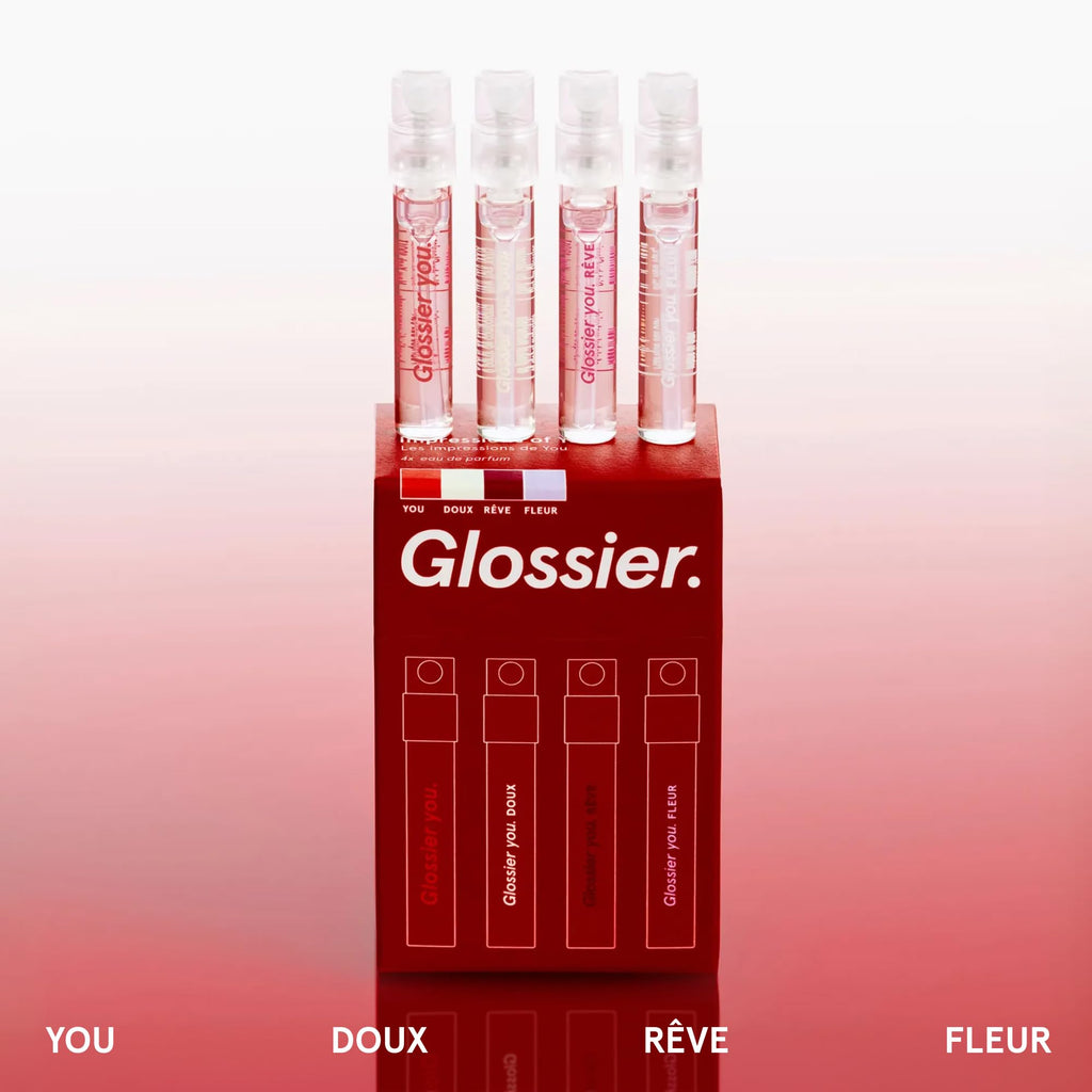 Glossier You Mini Wardrobe Fragrance Set - 4 Unisex Travel Size Eau de Parfum for Women & Men - Skin-Scent Enhancer Perfume Sampler, Smells Different on Everyone - You, Fleur, Doux, Rêve - 1.5ml Each - TrustMedUSA