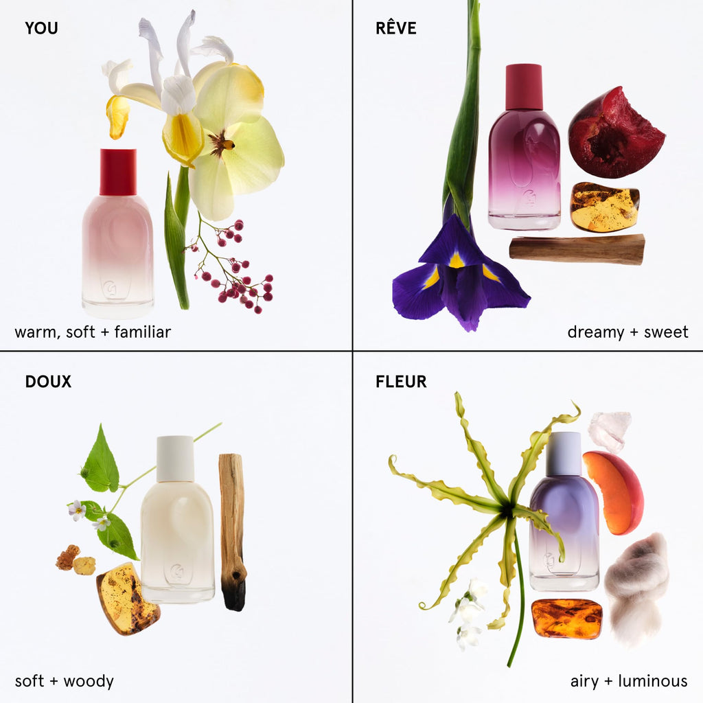 Glossier You Mini Wardrobe Fragrance Set - 4 Unisex Travel Size Eau de Parfum for Women & Men - Skin-Scent Enhancer Perfume Sampler, Smells Different on Everyone - You, Fleur, Doux, Rêve - 1.5ml Each - TrustMedUSA