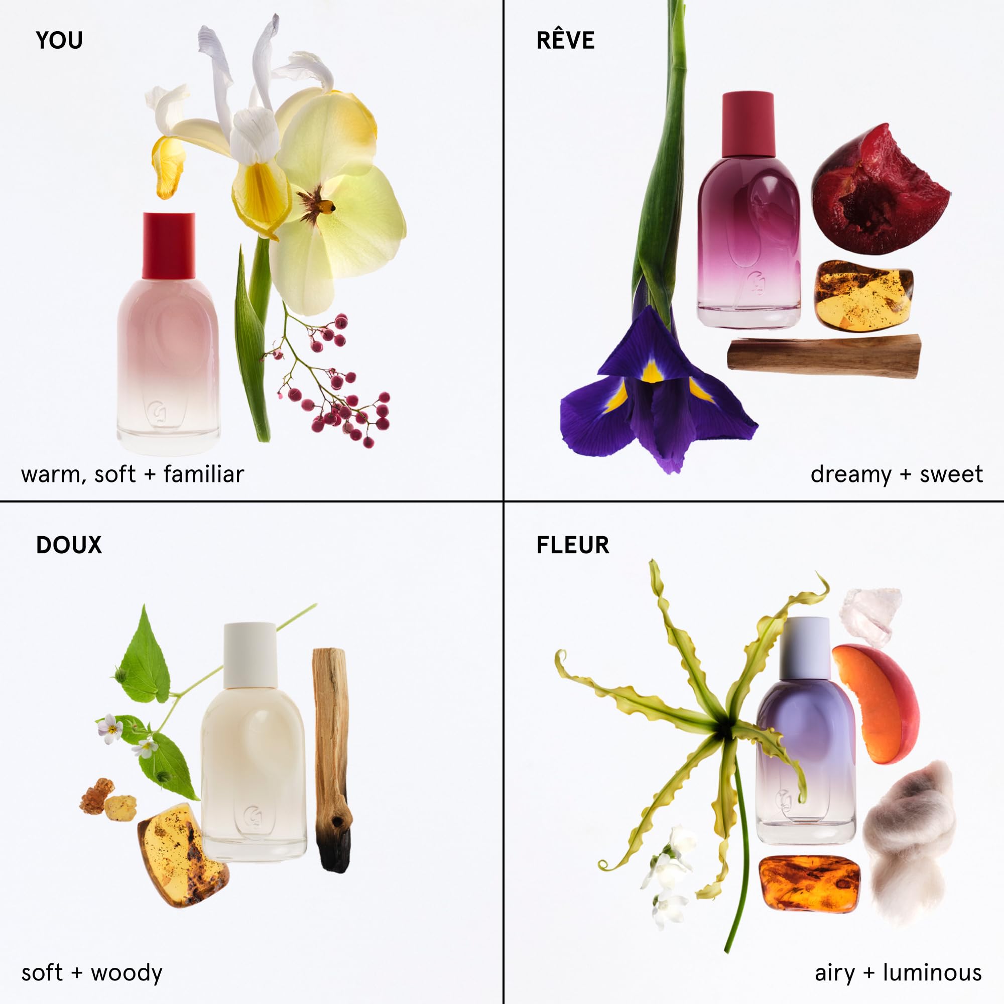 Glossier You Mini Wardrobe Fragrance Set - 4 Unisex Travel Size Eau de Parfum for Women & Men - Skin-Scent Enhancer Perfume Sampler, Smells Different on Everyone - You, Fleur, Doux, Rêve - 1.5ml Each - TrustMedUSA