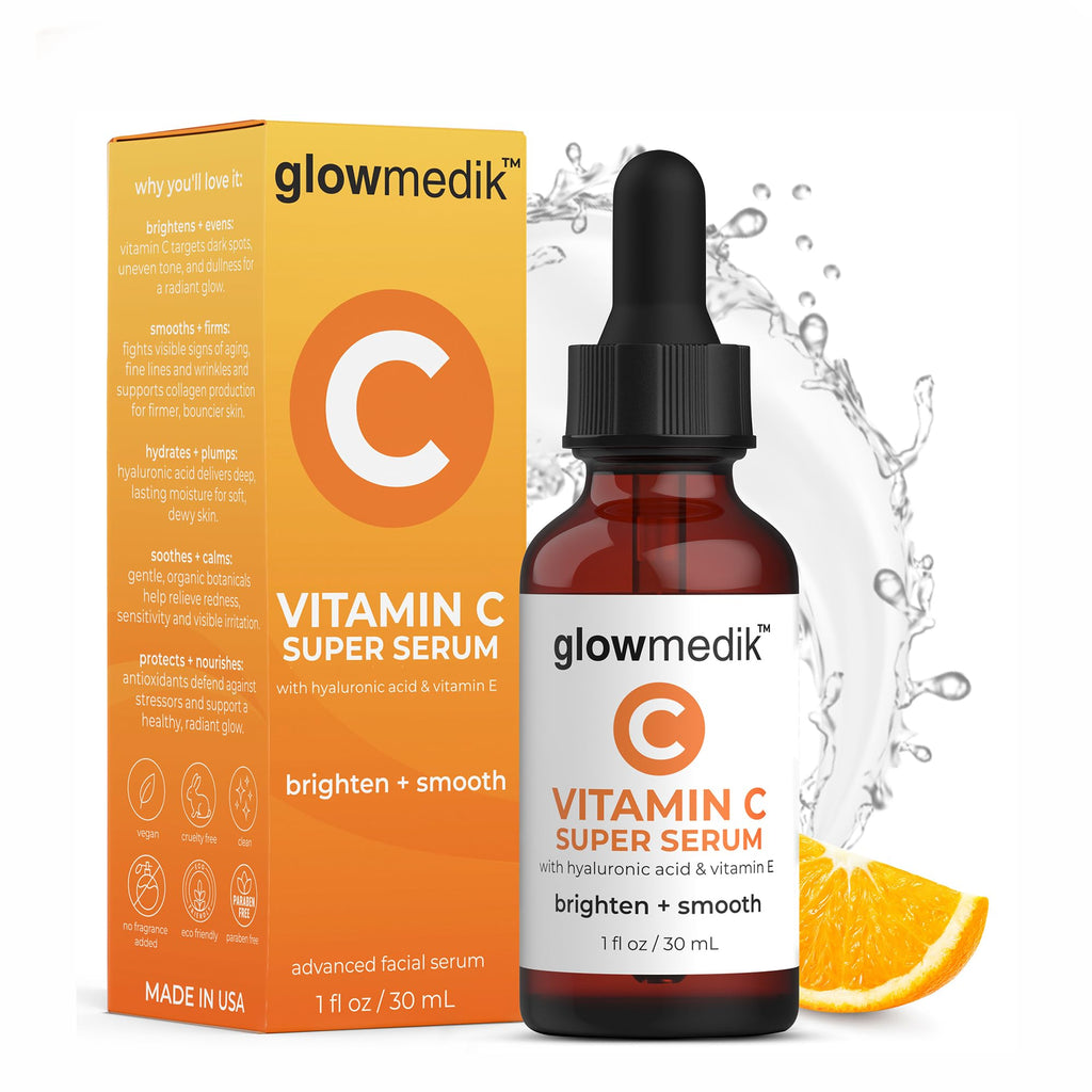 GlowMedik Vitamin C Serum for Face - Illuminating Brightening Serum for Dark Spots - Dark Spot Corrector with Hyaluronic Acid & Vitamin E - Fine Lines & Wrinkles, Sensitive Skin, Made in USA 1 fl oz - Maple Wellness Supplements