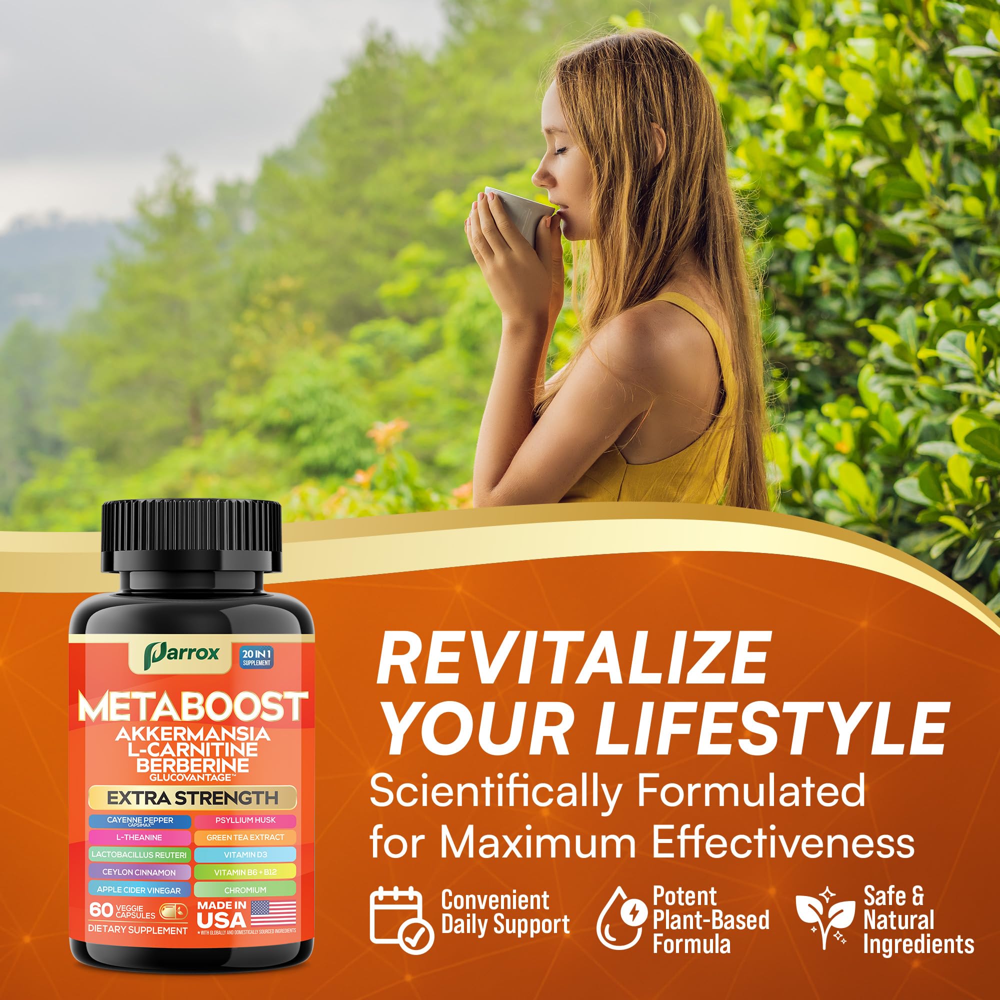 GLP-1 Booster Supplement, Akkermansia, L-Carnitine, Berberine (GlucoVantage), Methylfolate, Methylated B12, Chromium, Capsimax, Psyllium Husk, Probiotics Vitamins D3, B6, 20-in-1 Plant-Based (60 Caps) - TrustMedUSA