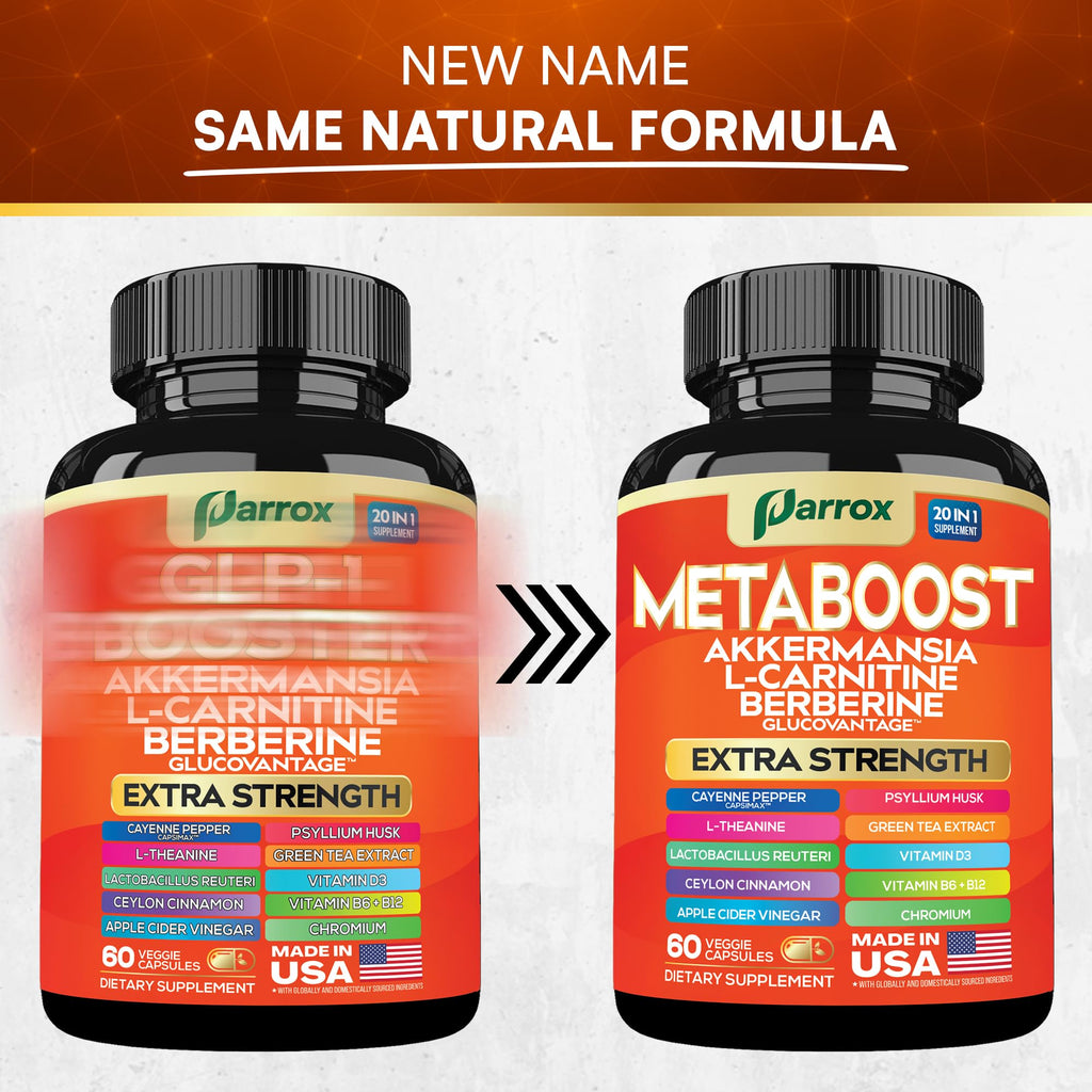 GLP-1 Booster Supplement, Akkermansia, L-Carnitine, Berberine (GlucoVantage), Methylfolate, Methylated B12, Chromium, Capsimax, Psyllium Husk, Probiotics Vitamins D3, B6, 20-in-1 Plant-Based (60 Caps) - TrustMedUSA