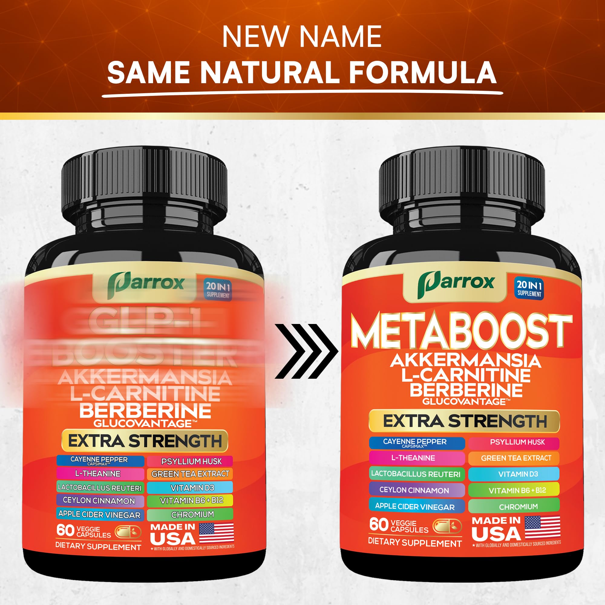 GLP-1 Booster Supplement, Akkermansia, L-Carnitine, Berberine (GlucoVantage), Methylfolate, Methylated B12, Chromium, Capsimax, Psyllium Husk, Probiotics Vitamins D3, B6, 20-in-1 Plant-Based (60 Caps) - TrustMedUSA