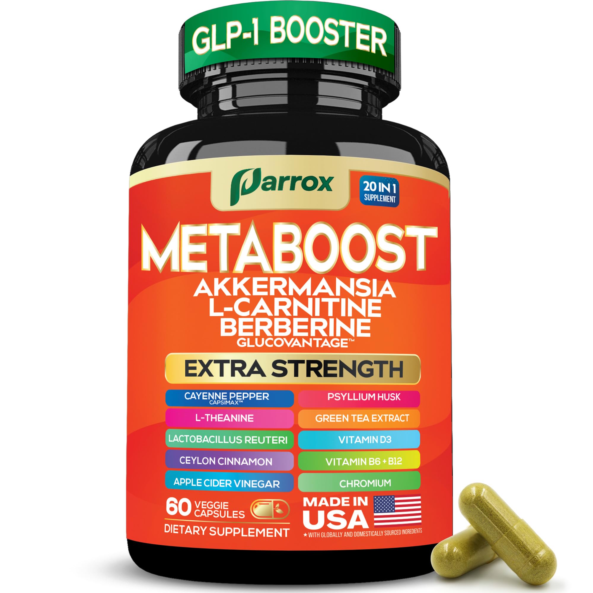 GLP-1 Booster Supplement, Akkermansia, L-Carnitine, Berberine (GlucoVantage), Methylfolate, Methylated B12, Chromium, Capsimax, Psyllium Husk, Probiotics Vitamins D3, B6, 20-in-1 Plant-Based (60 Caps) - TrustMedUSA