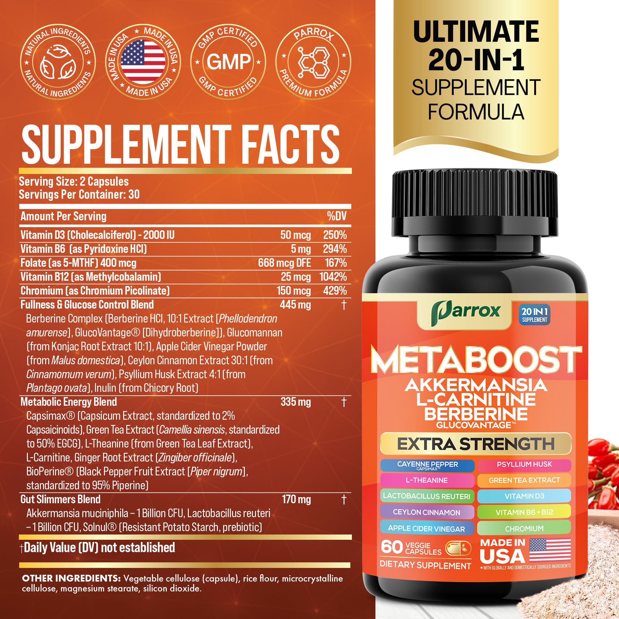 GLP-1 Booster Supplement, Akkermansia, L-Carnitine, Berberine (GlucoVantage), Methylfolate, Methylated B12, Chromium, Capsimax, Psyllium Husk, Probiotics Vitamins D3, B6, 20-in-1 Plant-Based (60 Caps) - TrustMedUSA