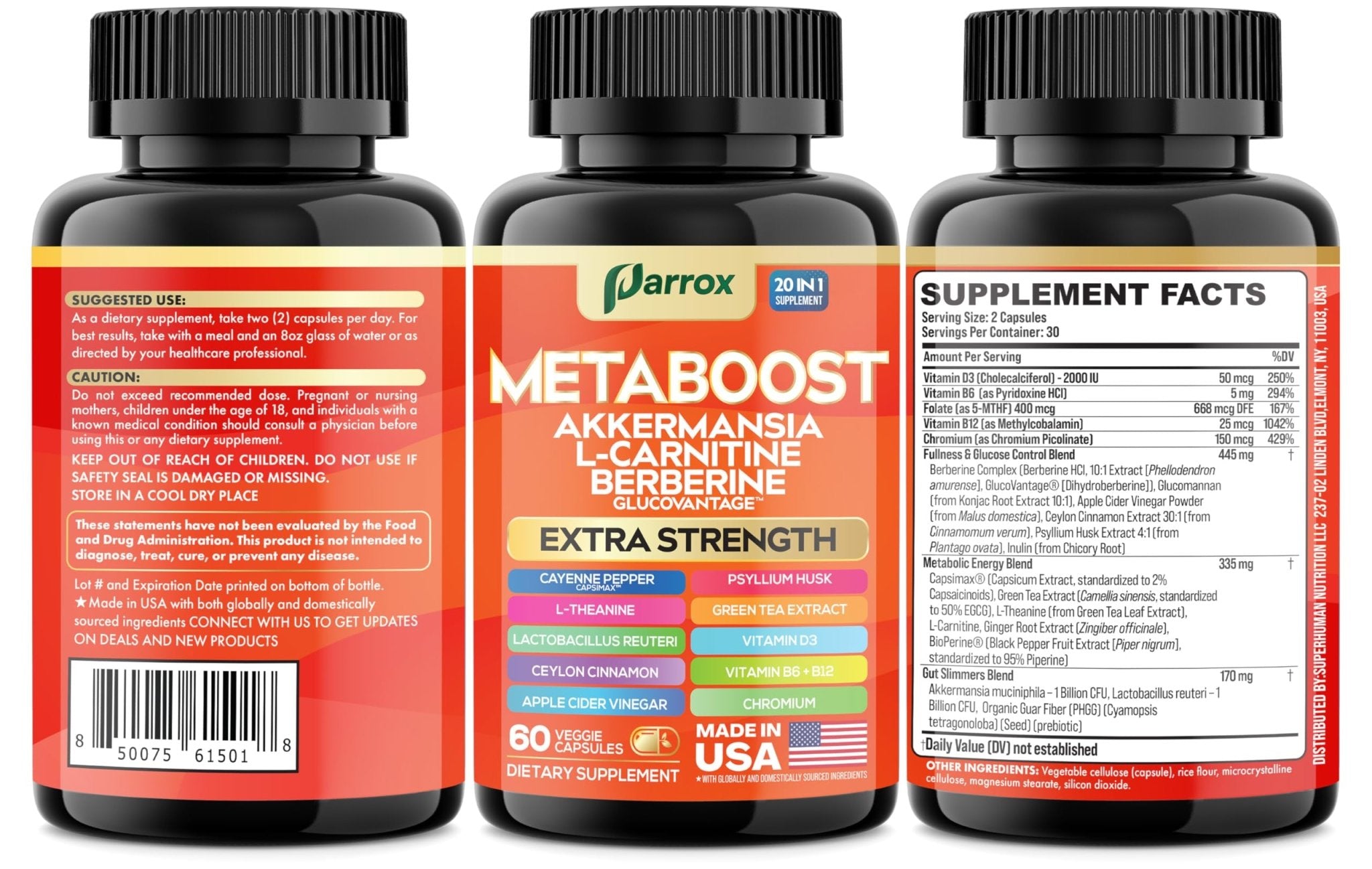 GLP-1 Booster Supplement, Akkermansia, L-Carnitine, Berberine (GlucoVantage), Methylfolate, Methylated B12, Chromium, Capsimax, Psyllium Husk, Probiotics Vitamins D3, B6, 20-in-1 Plant-Based (60 Caps) - TrustMedUSA